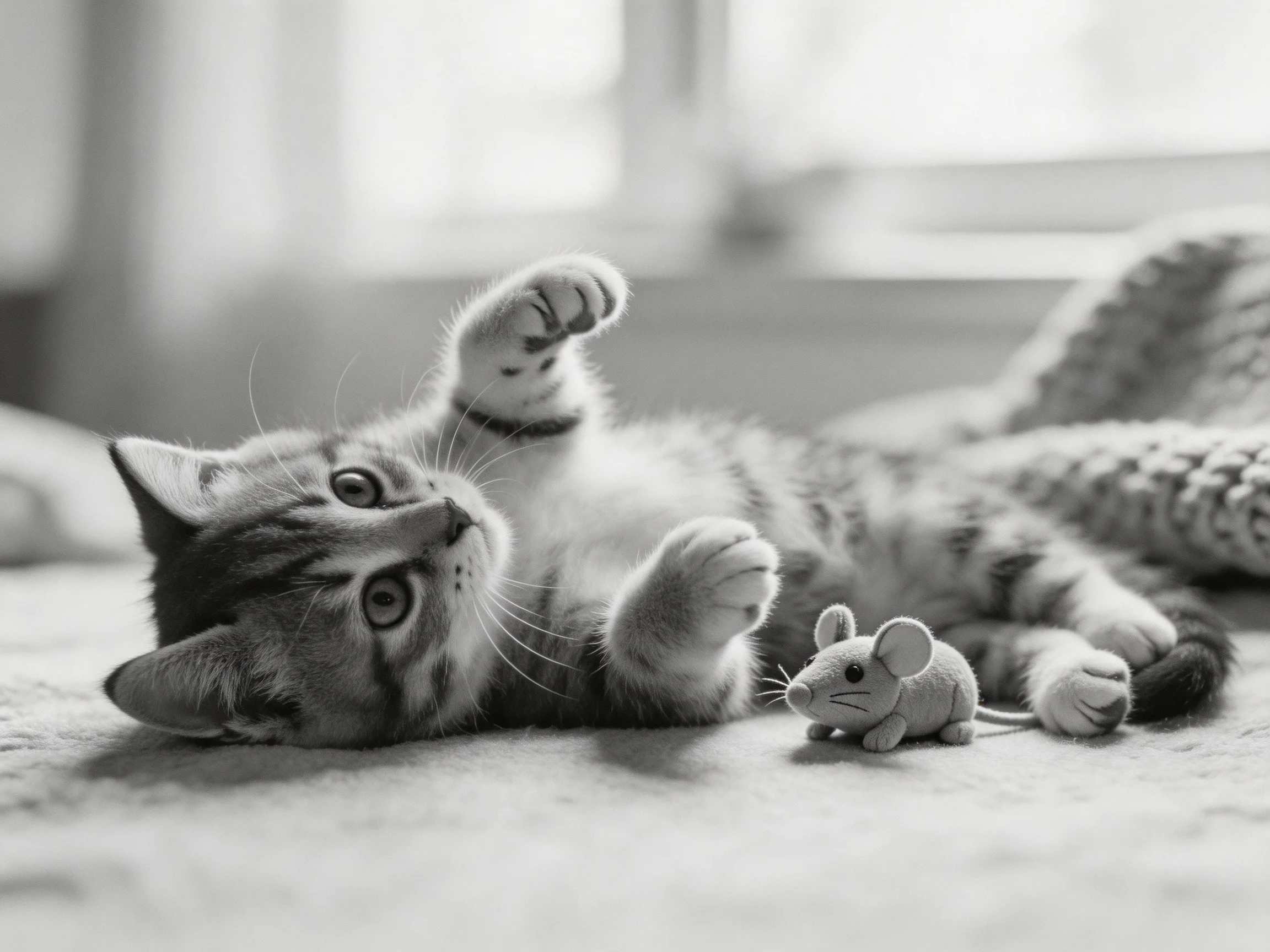 A playful tabby kitten plays with a small stuffed mouse indoors