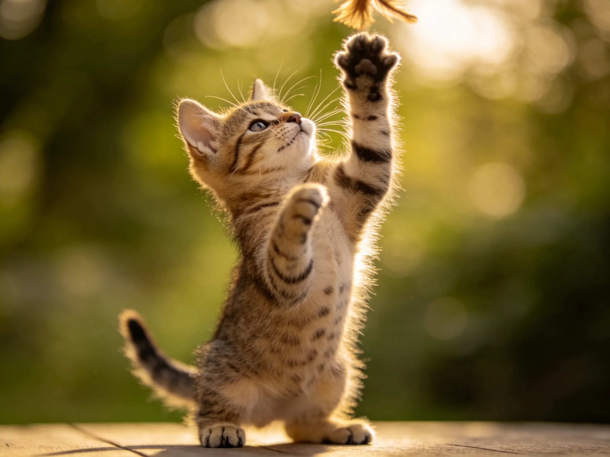 A playful tabby kitten reaching for an object in soft sunlight
