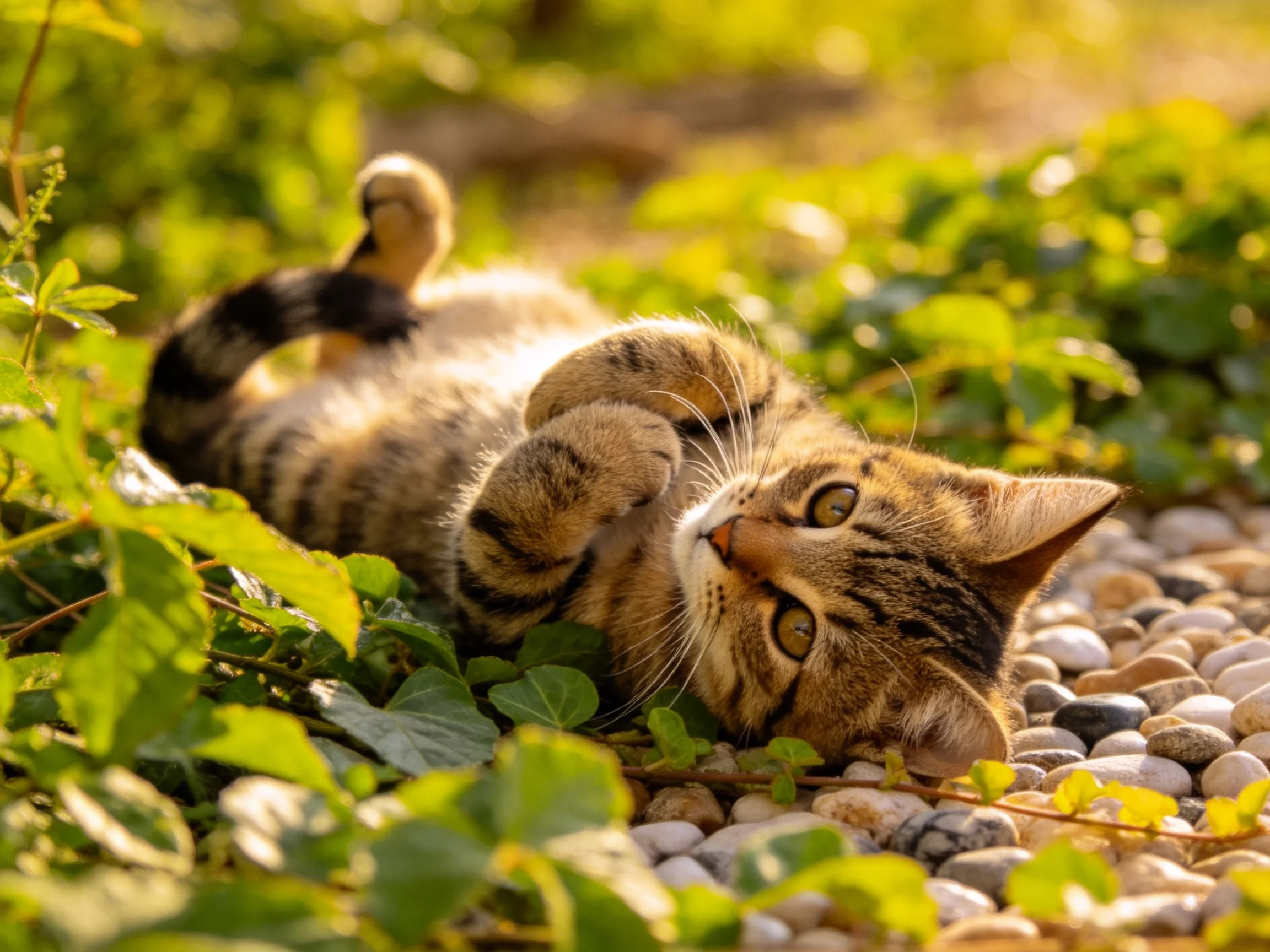 A playful tabby kitten rests on pebbles amid lush green foliage