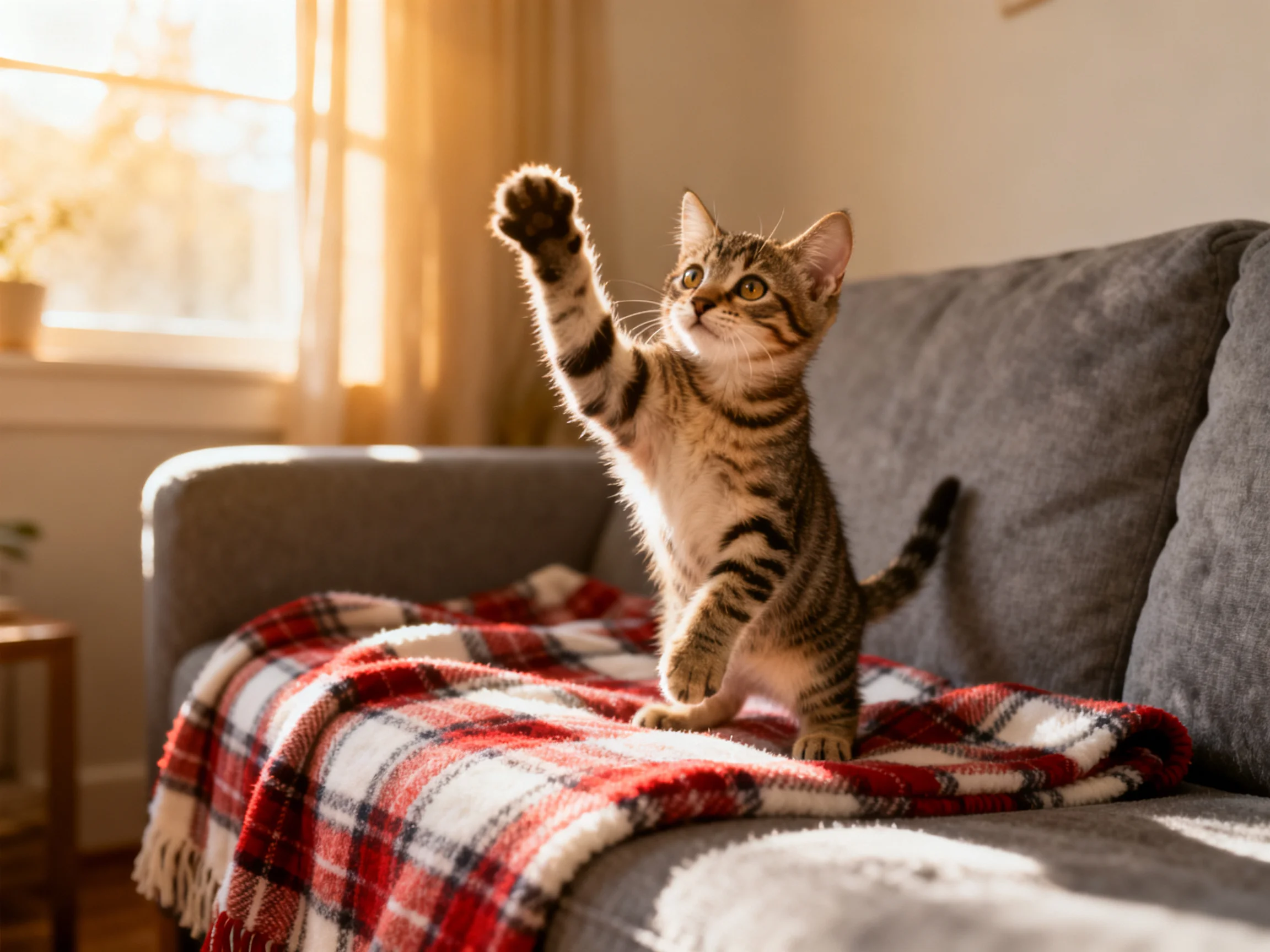A playful tabby kitten stands on a red-and-white plaid blanket atop a gray sofa