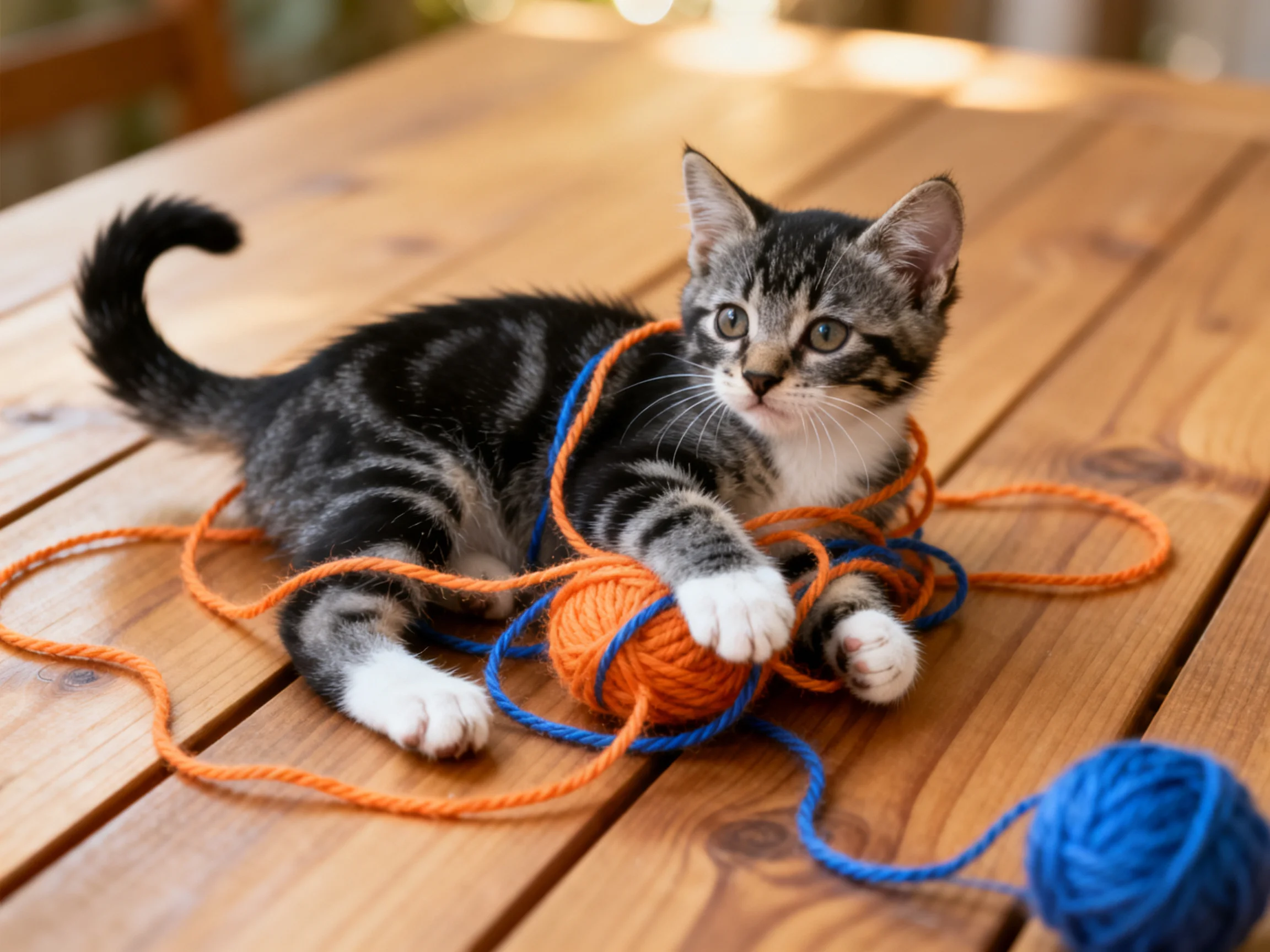 A playful tabby kitten tangled in orange and blue yarn balls on a wooden table
