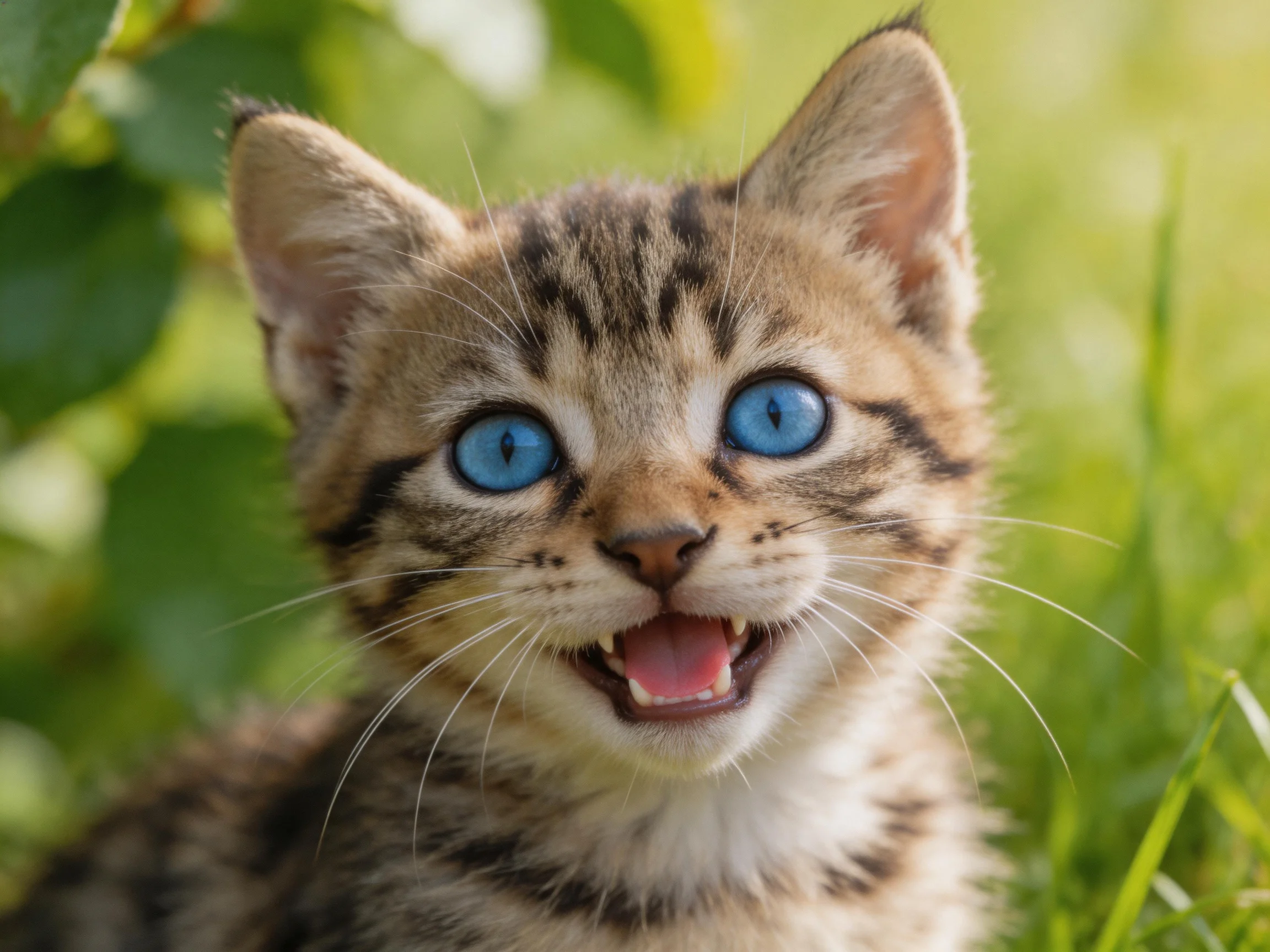 A playful tabby kitten with bright blue eyes in green foliage
