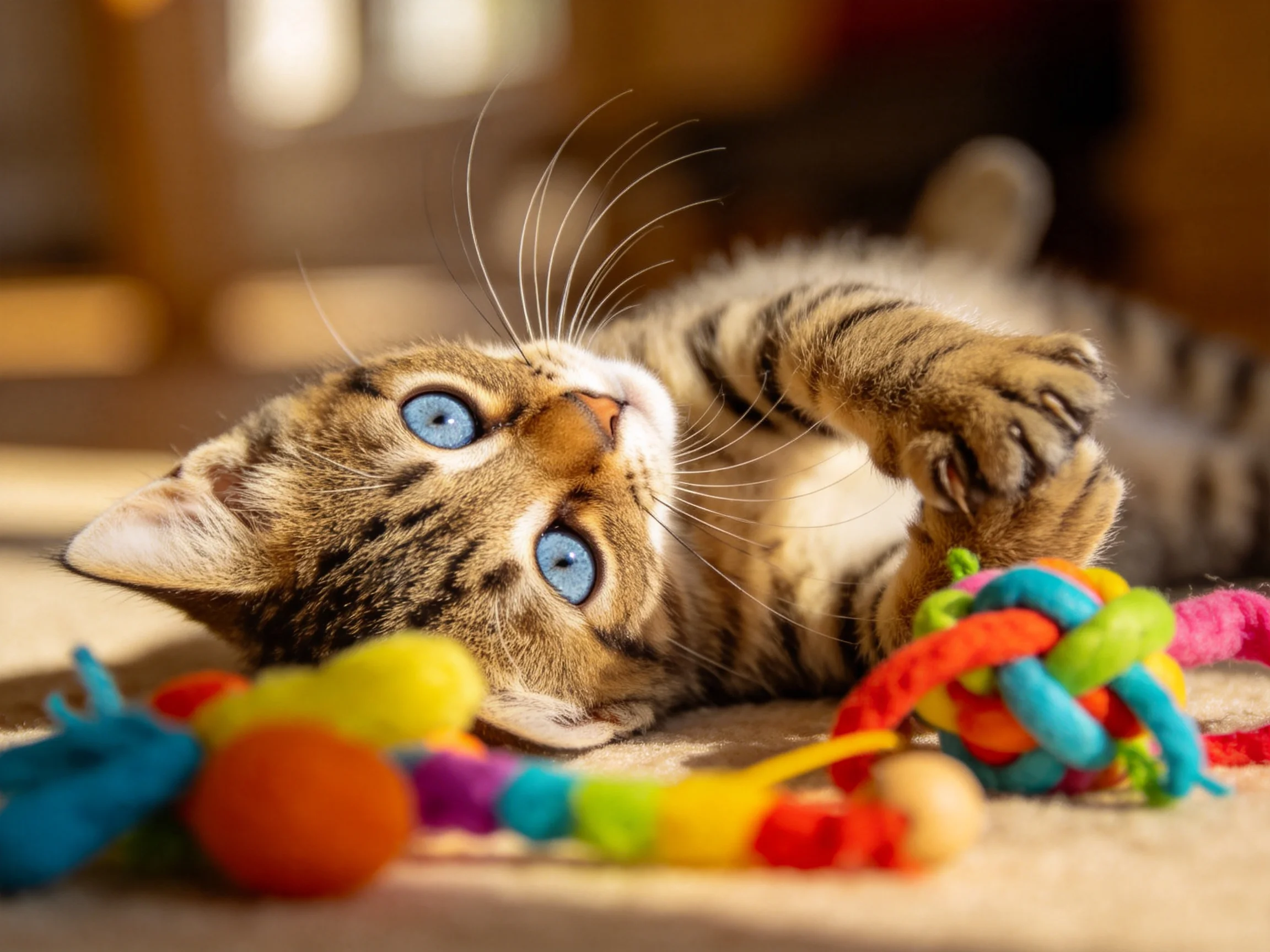 A tabby kitten with blue eyes plays near colorful toys in a sunlit area.
