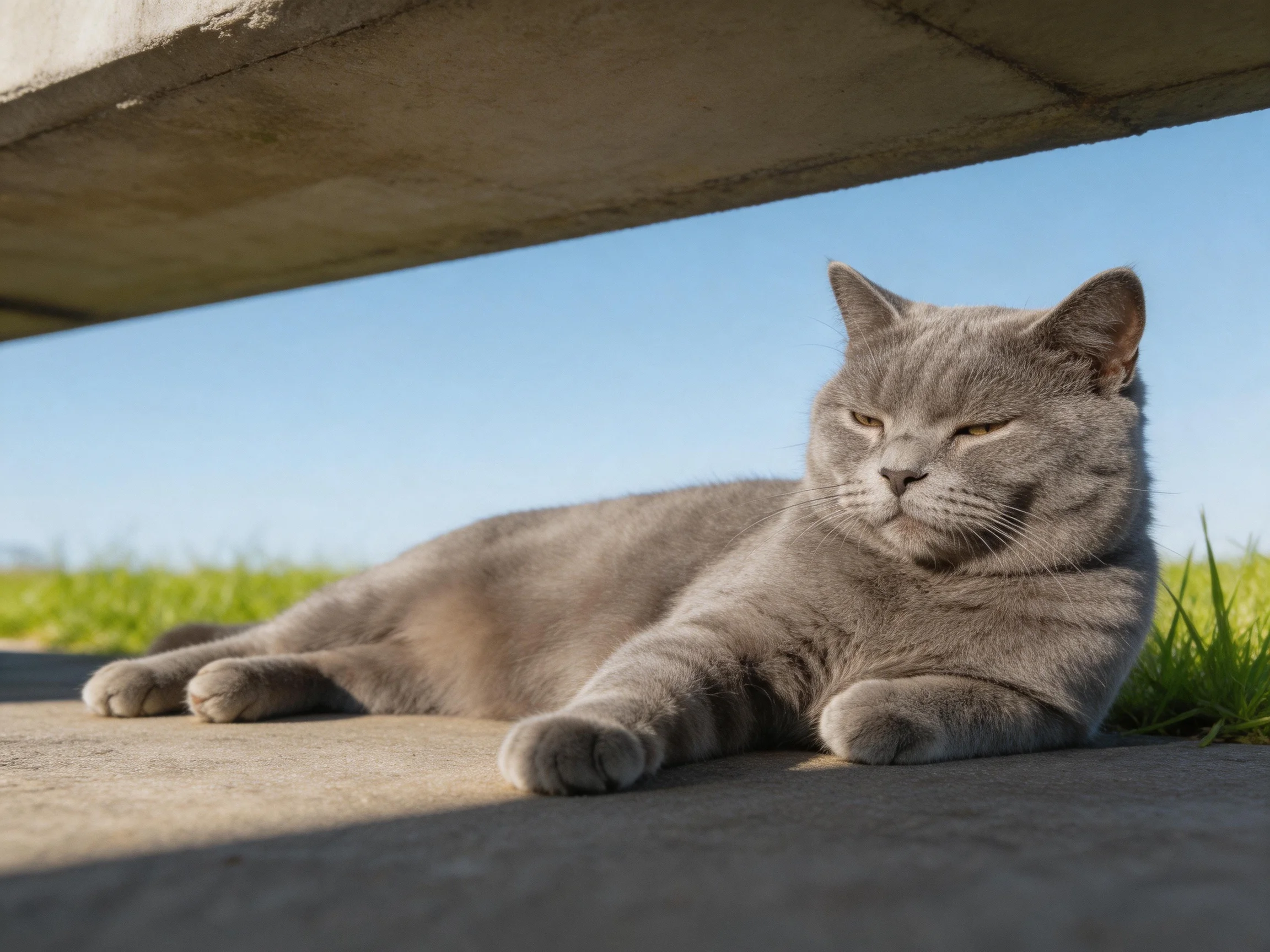 A plump gray cat relaxes under a concrete overhang near green grass