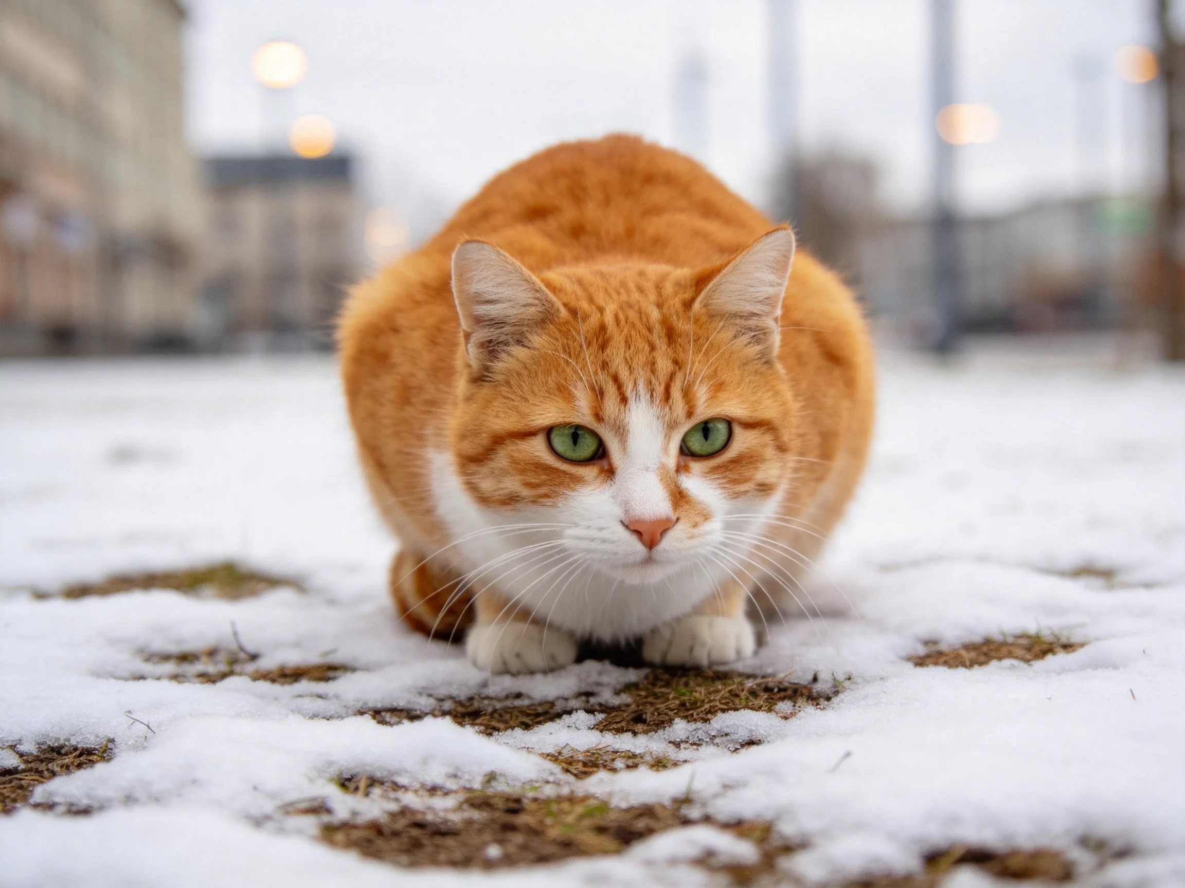 A plump orange and white cat crouches on a snowy urban path