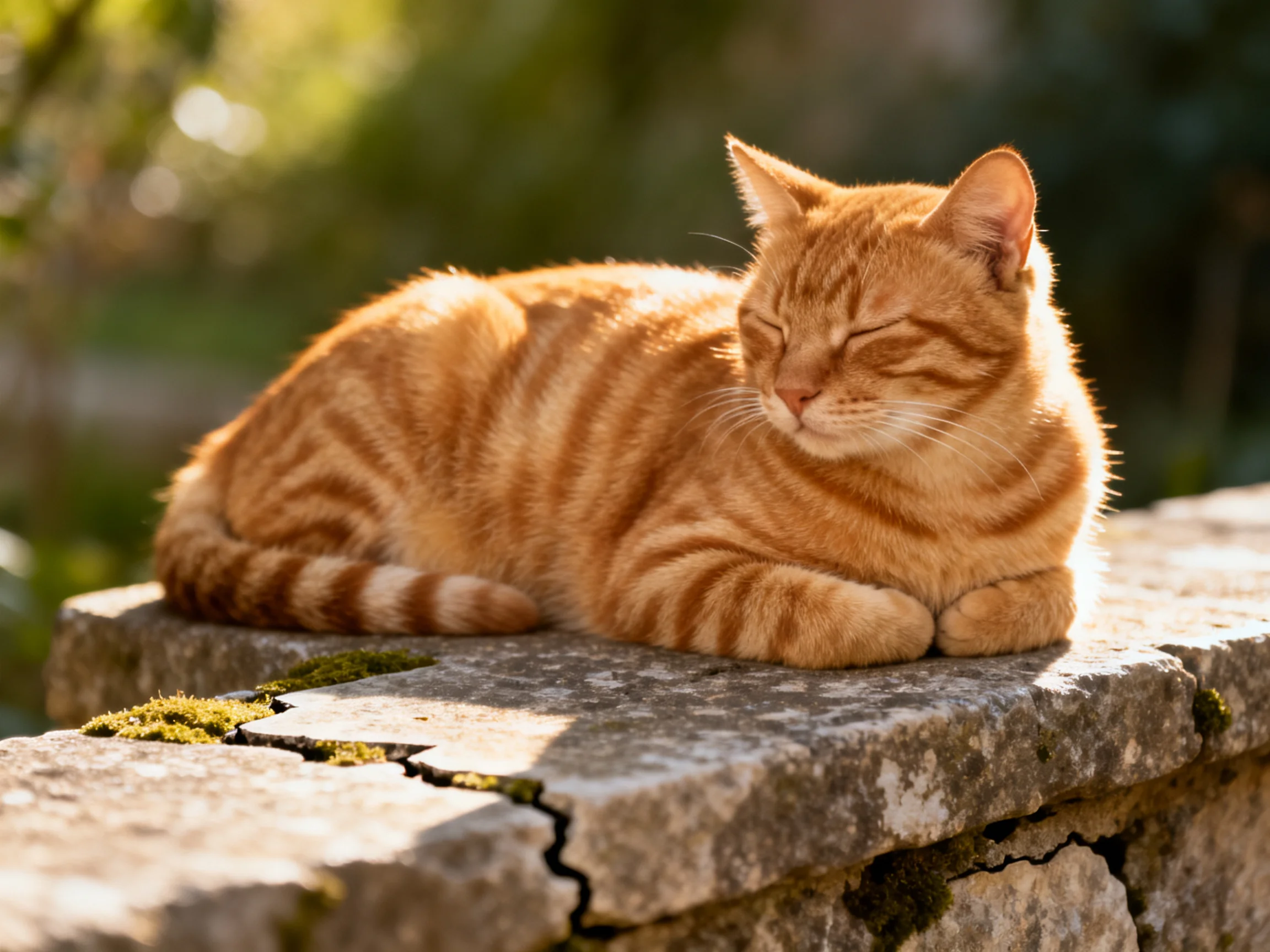 A plump orange tabby cat rests peacefully on a stone ledge in bright daylight.
