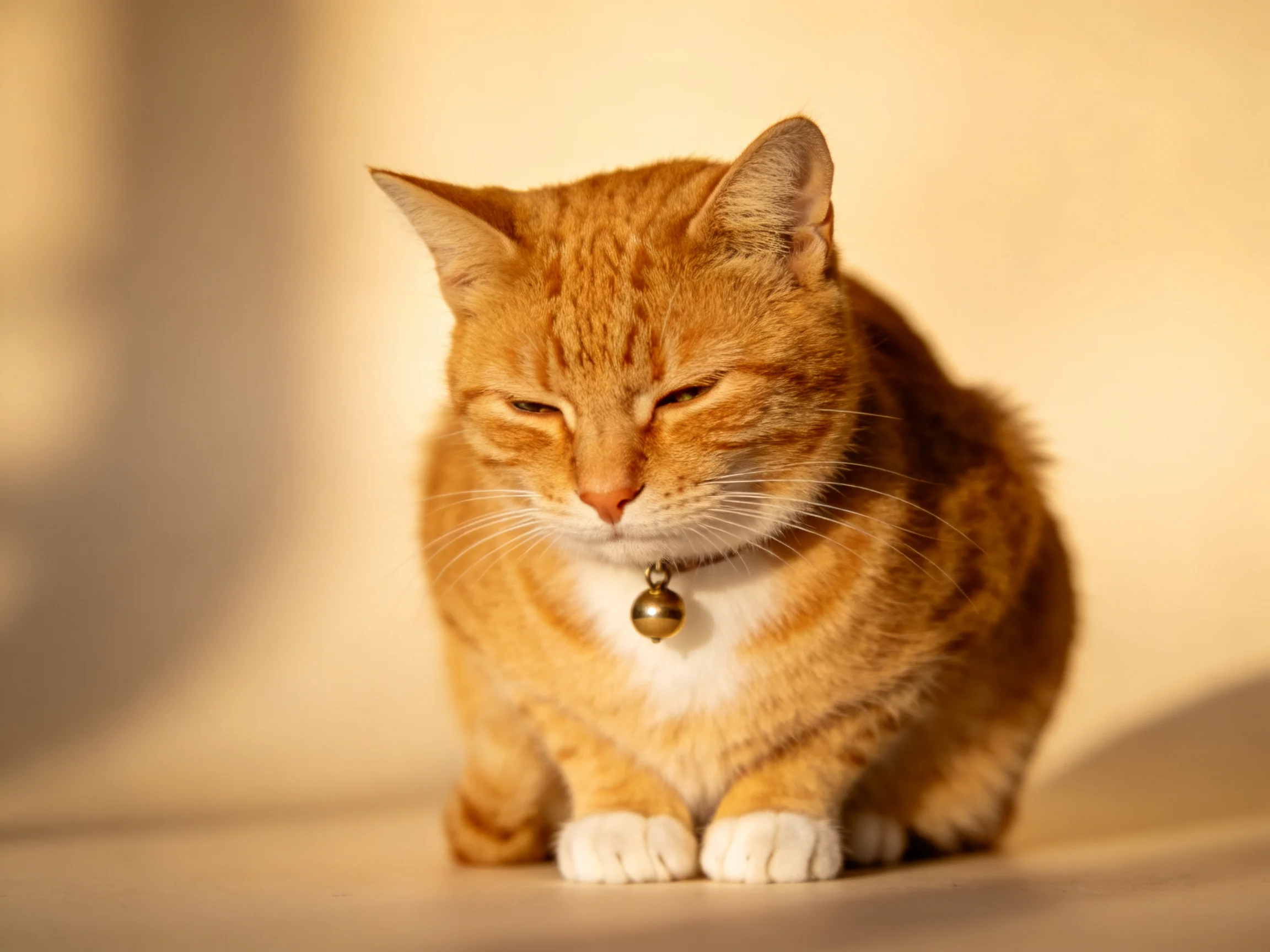 A plump orange tabby cat with white paws wears a bell collar, sitting.