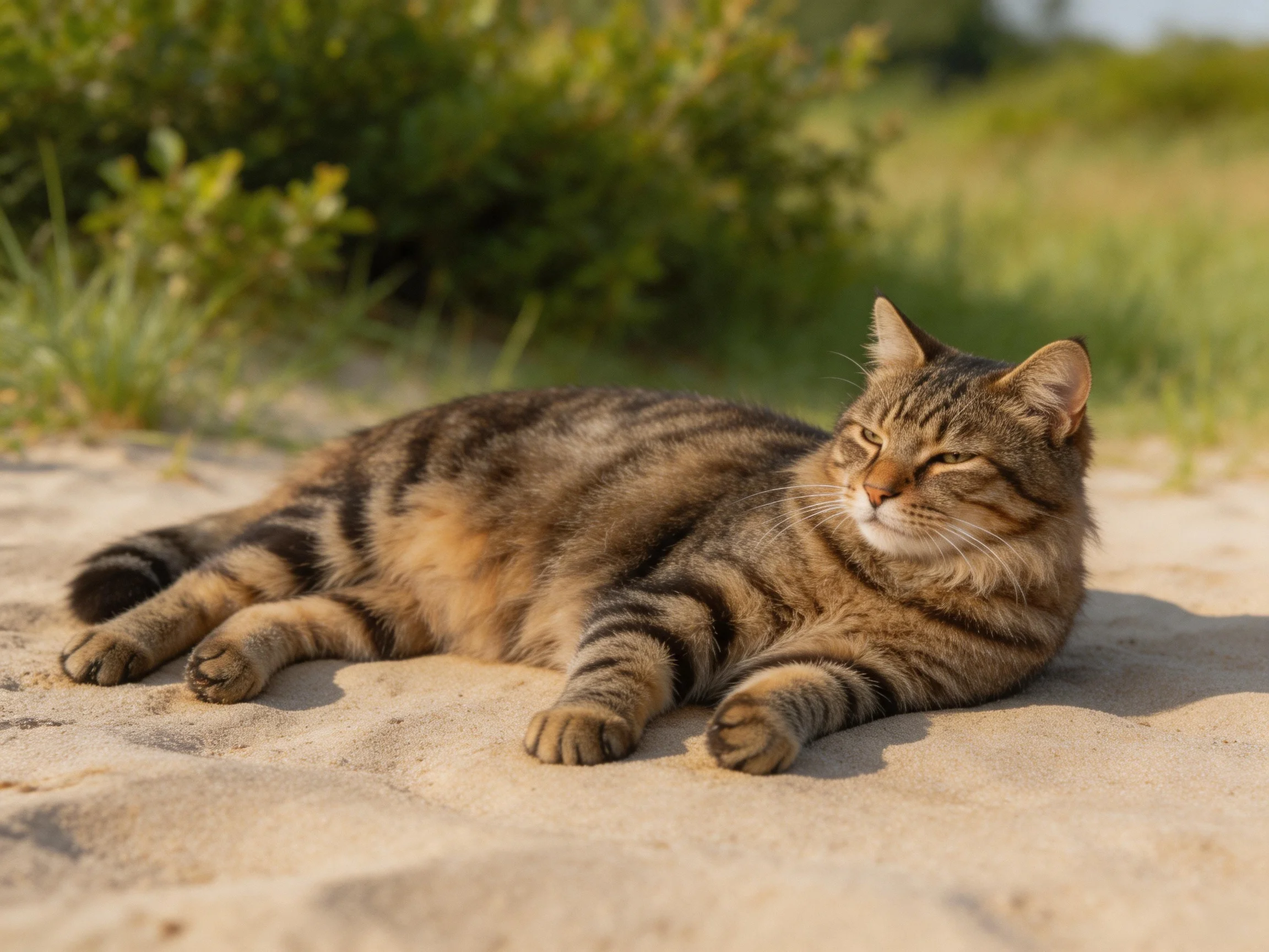 A plump tabby cat relaxes on sandy ground in a sunlit outdoor area.