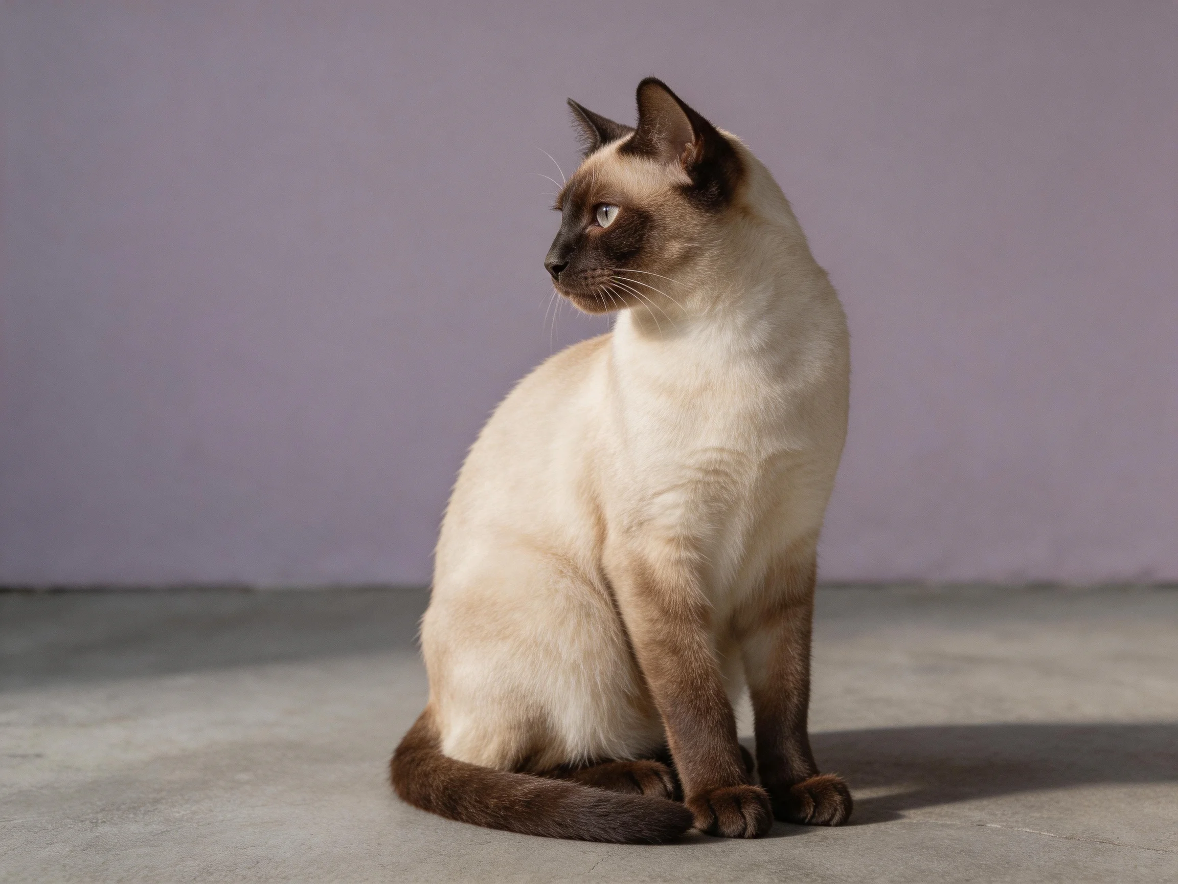 A poised Siamese cat with cream and brown hues sits near a soft purple wall