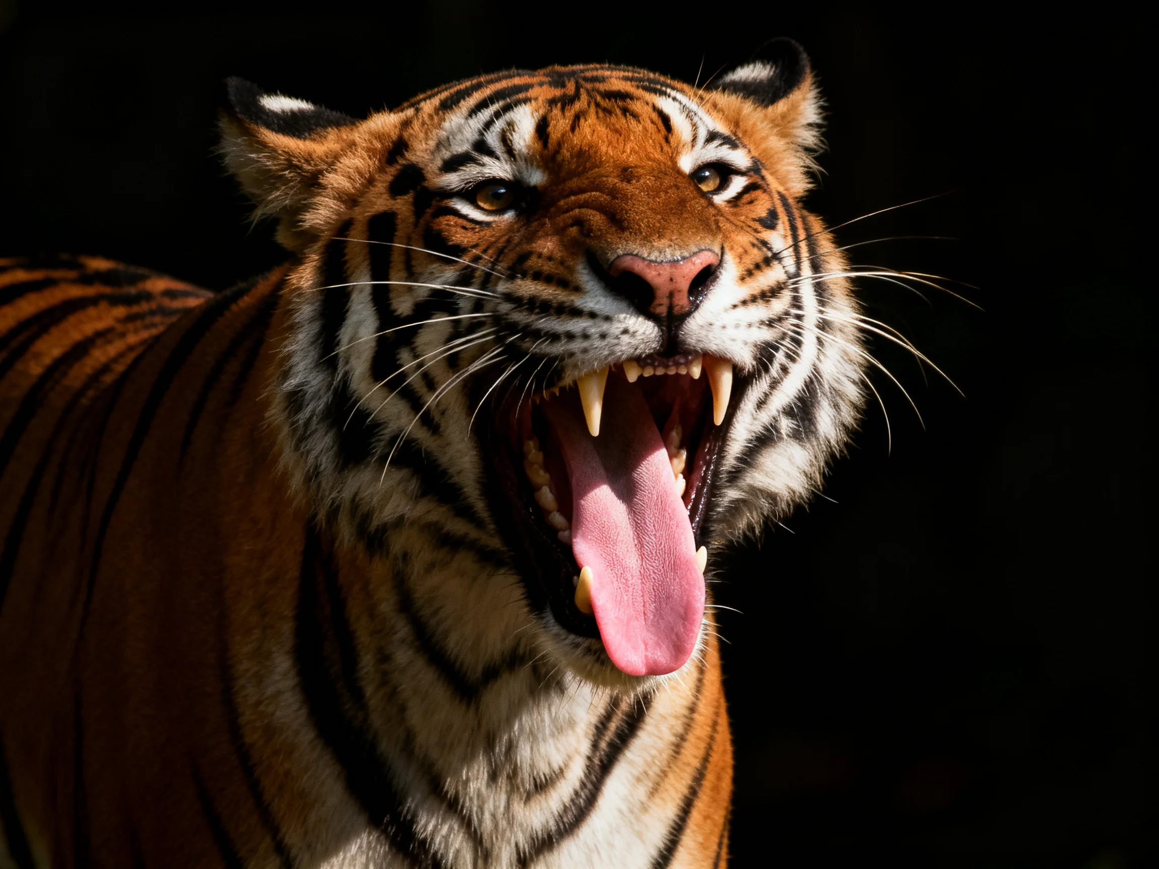 A powerful tiger with orange fur and bold black stripes yawning dramatically