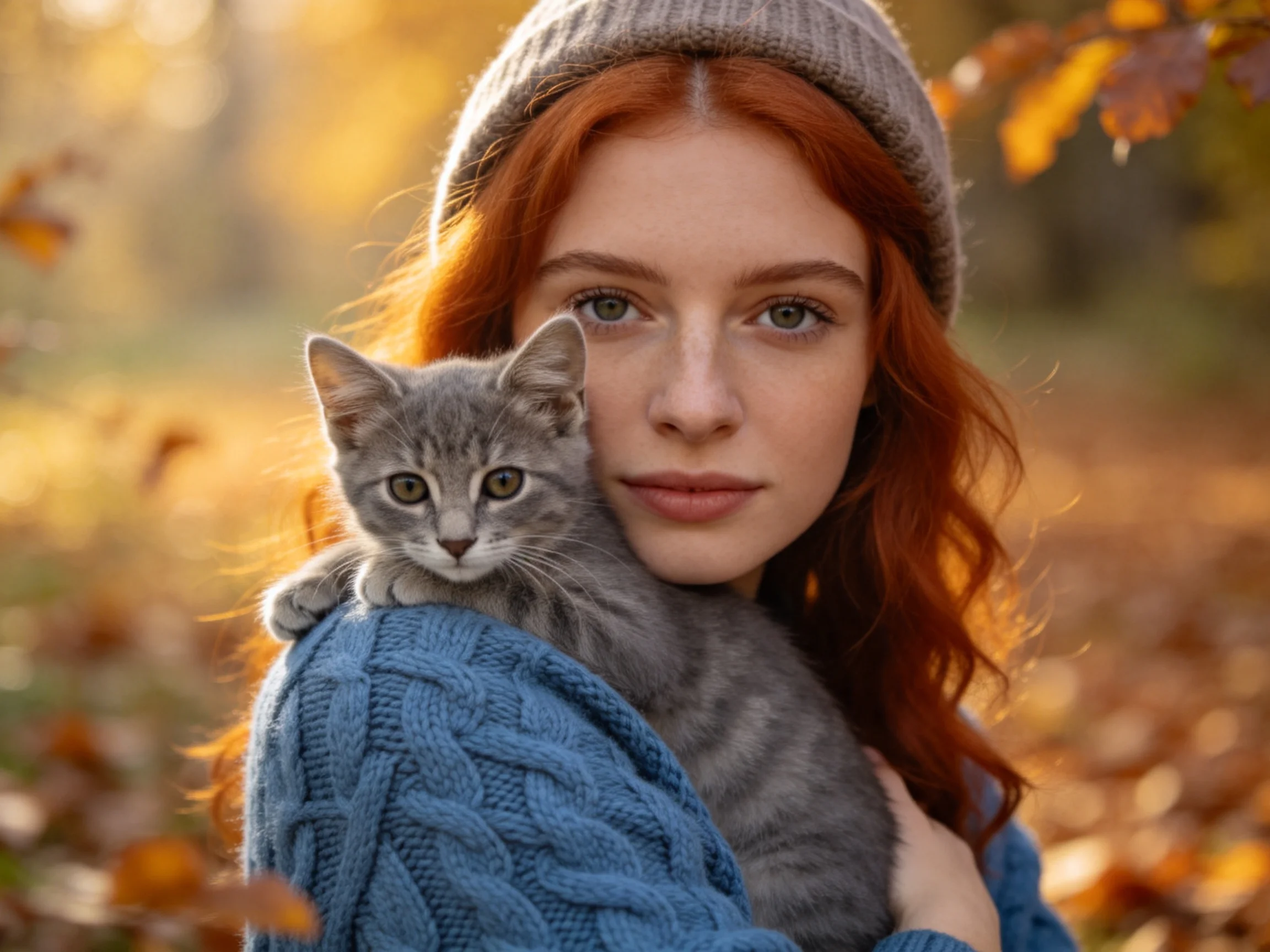 A red - haired woman in a blue sweater holds a gray kitten in autumn leaves
