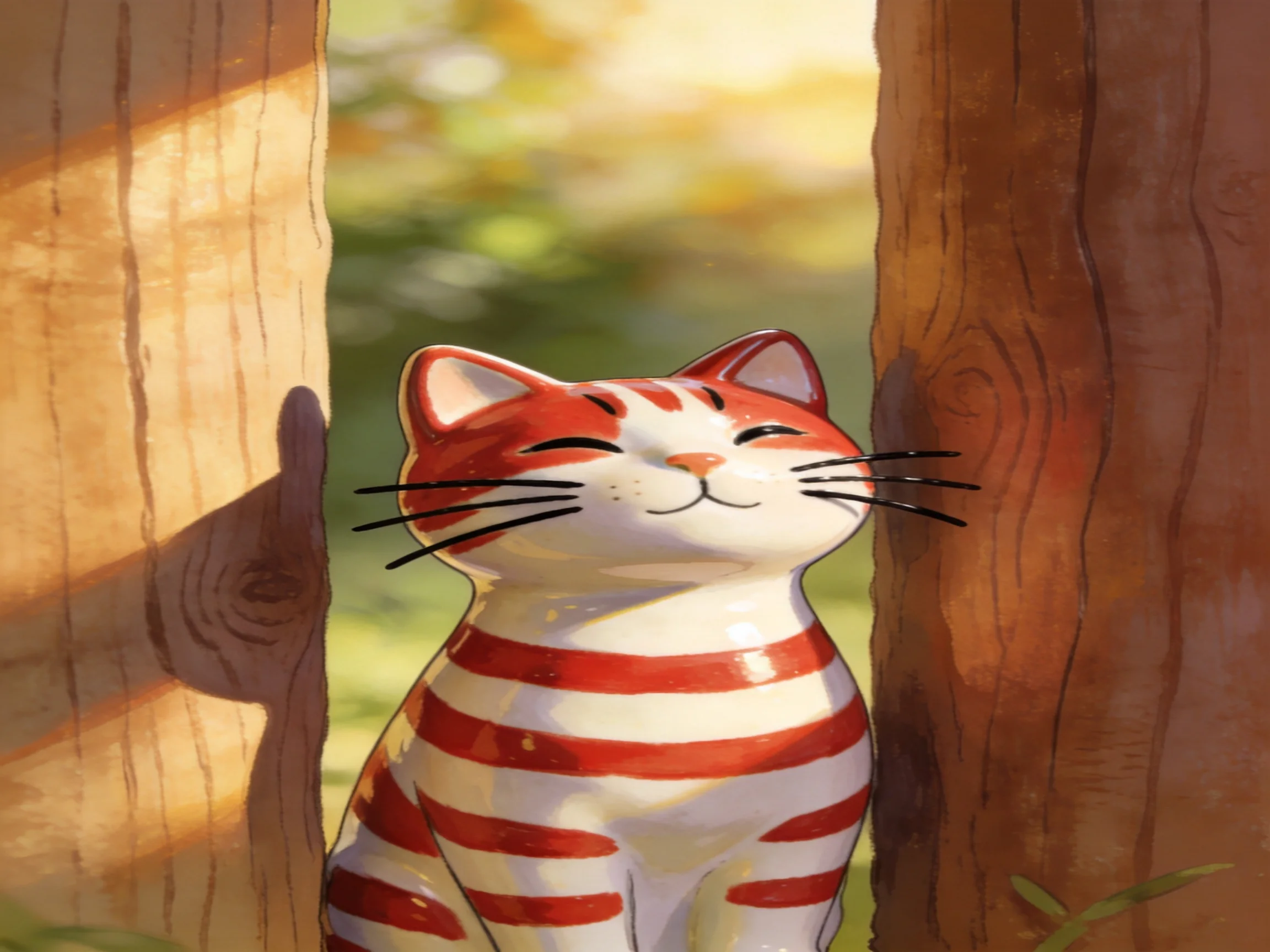 A red-and-white striped cat figurine between two wooden tree trunks in sunlight