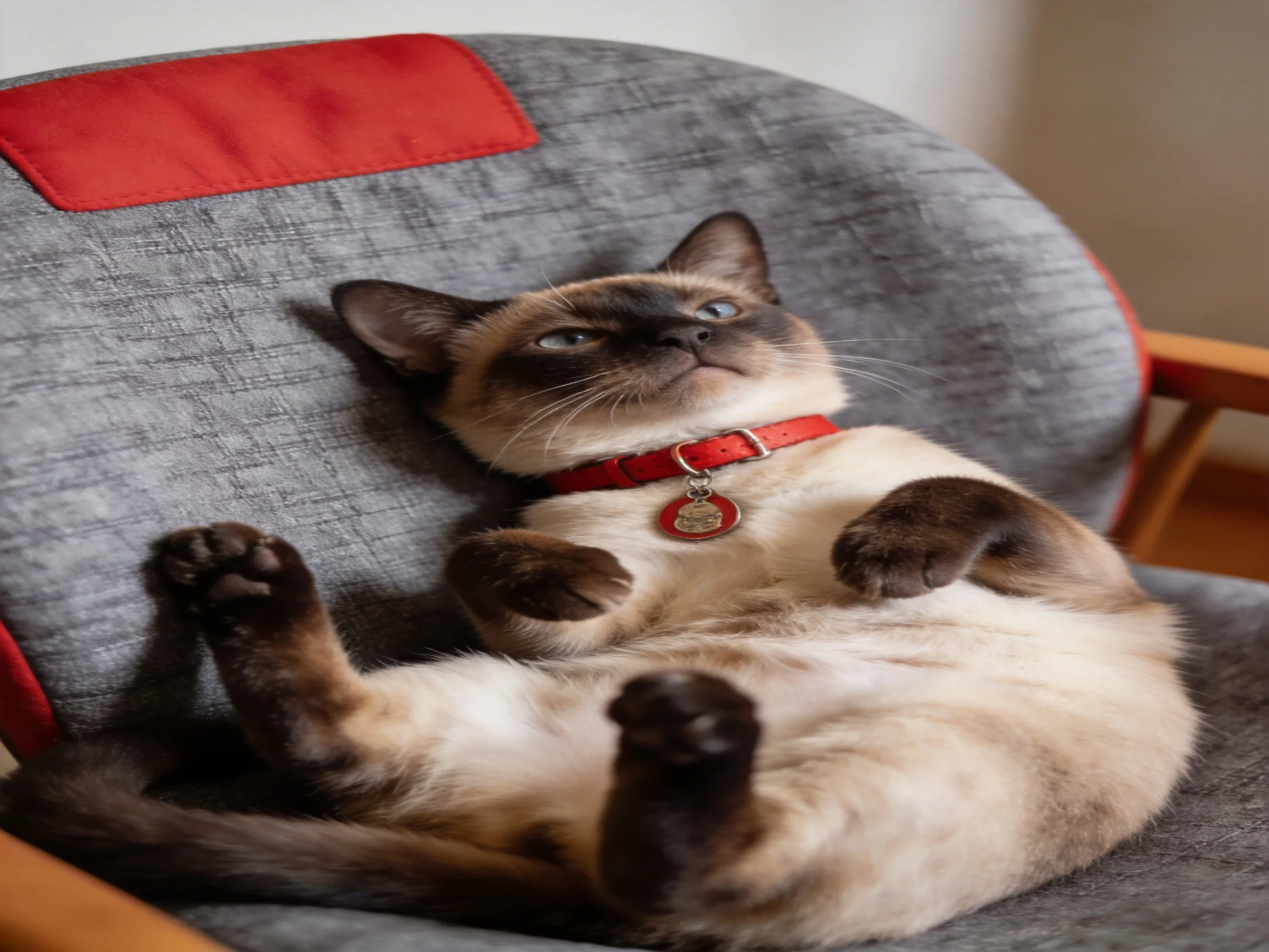 A relaxed Siamese cat lounges on a gray-red cushioned chair