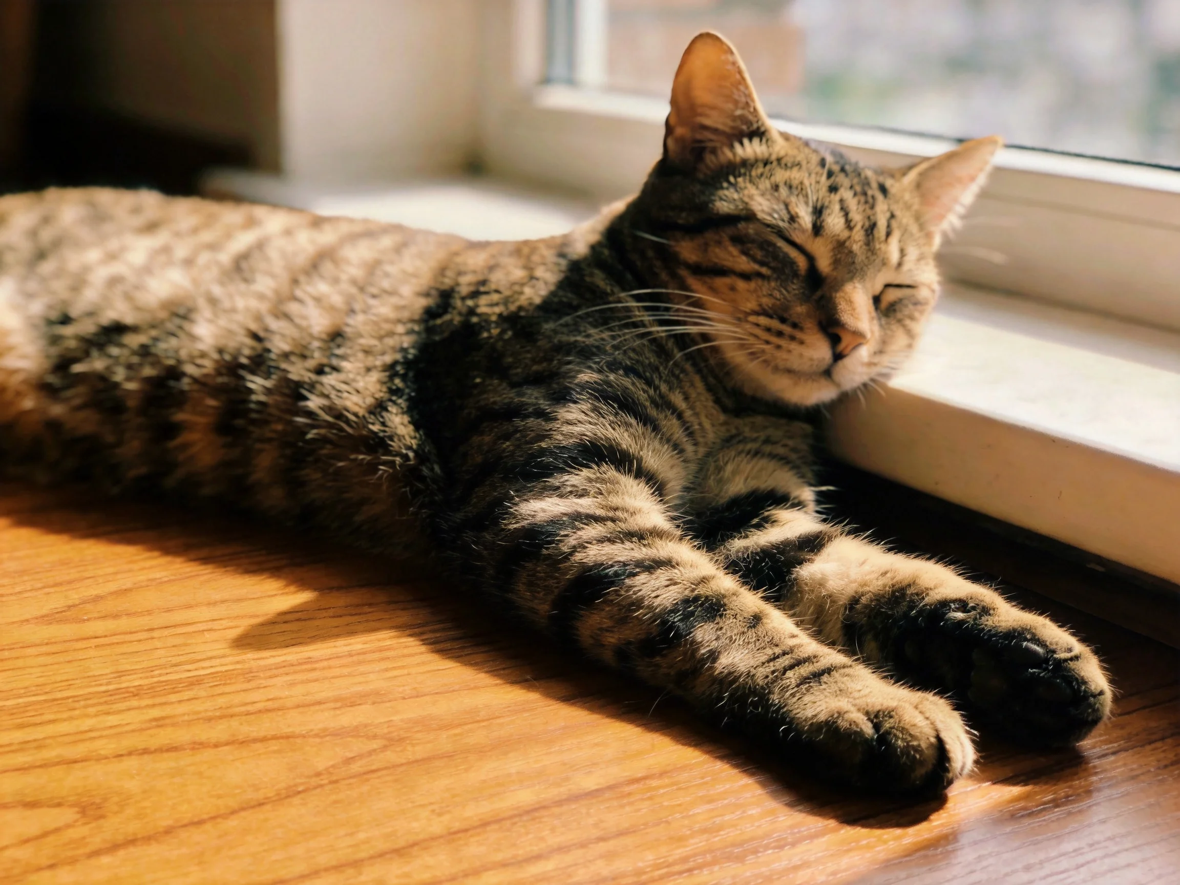 A relaxed brown-tabby cat lounging by a sunlit windowsill