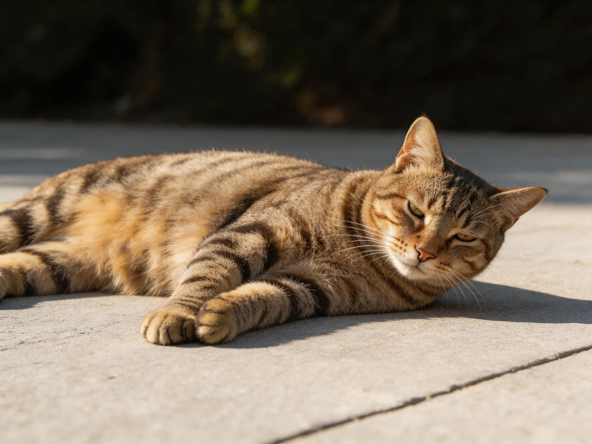 A relaxed brown tabby cat lounging on smooth concrete outdoors