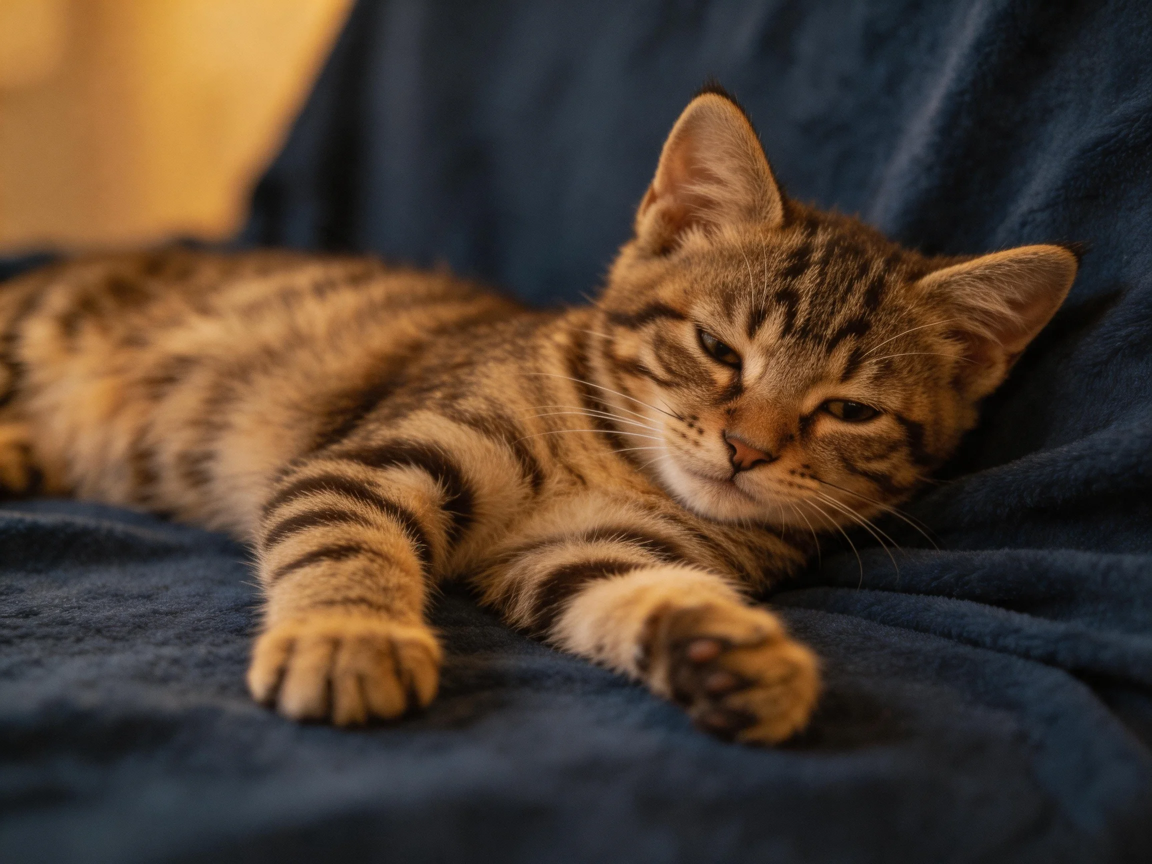 A relaxed brown tabby kitten lounging on a dark blue fabric