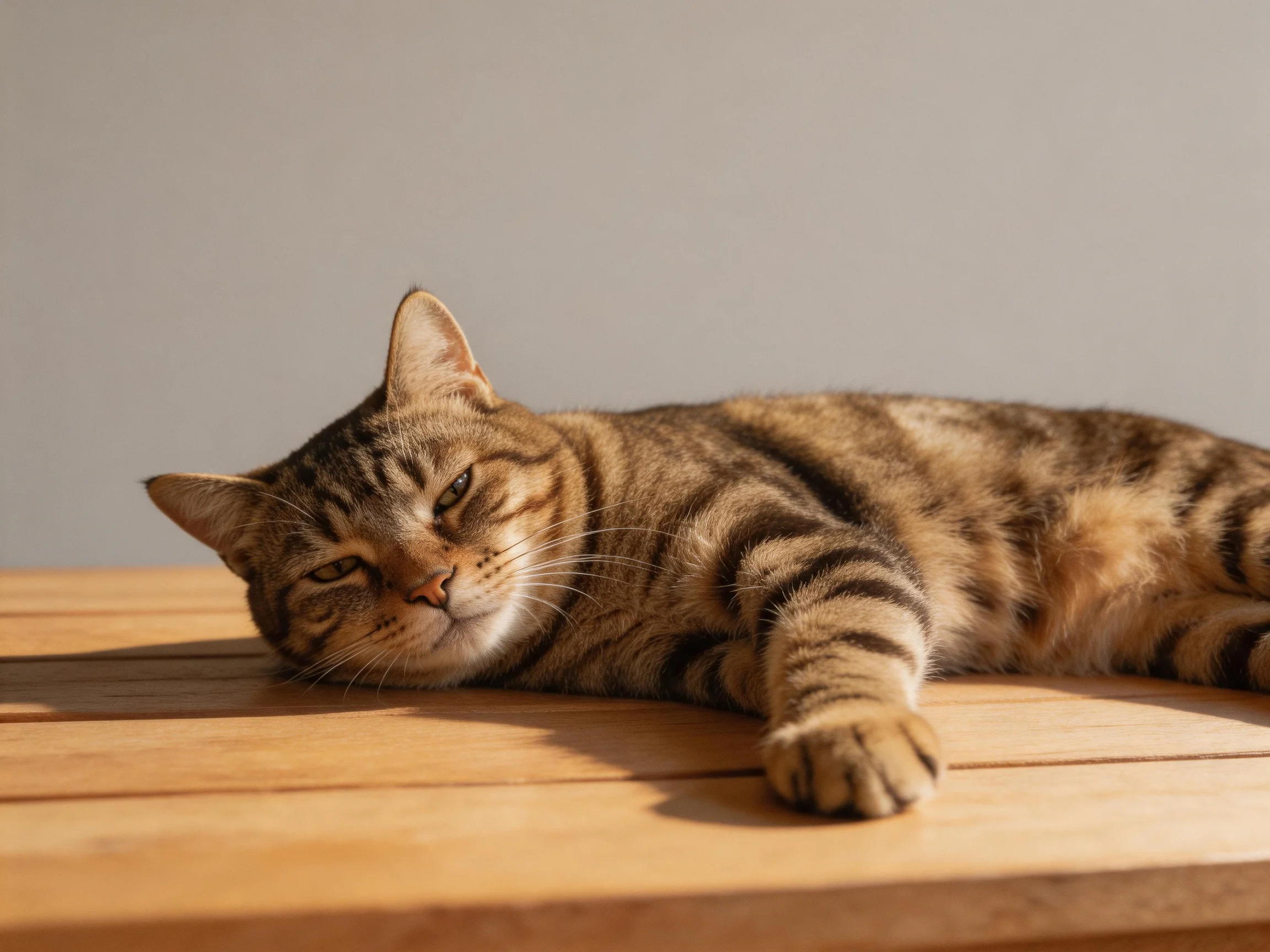 A relaxed brown tabbycat lounges on a polished wooden table