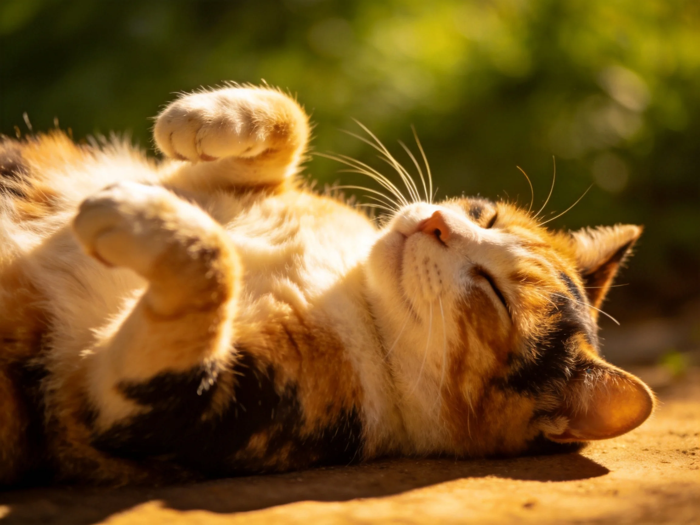 A relaxed calico cat basking in golden sunlight outdoors