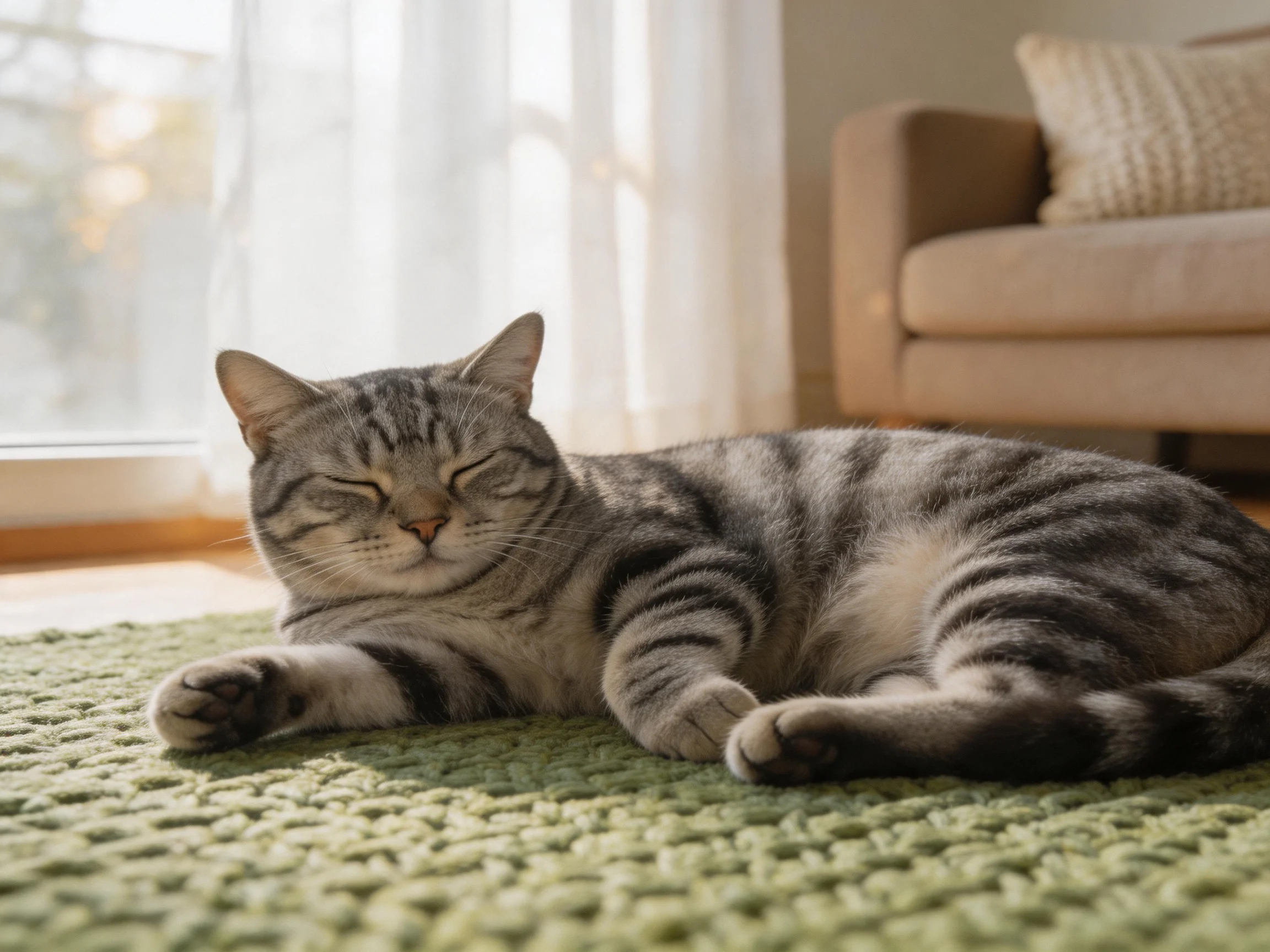 A relaxed gray tabby cat lounging on a green rug near a sofa