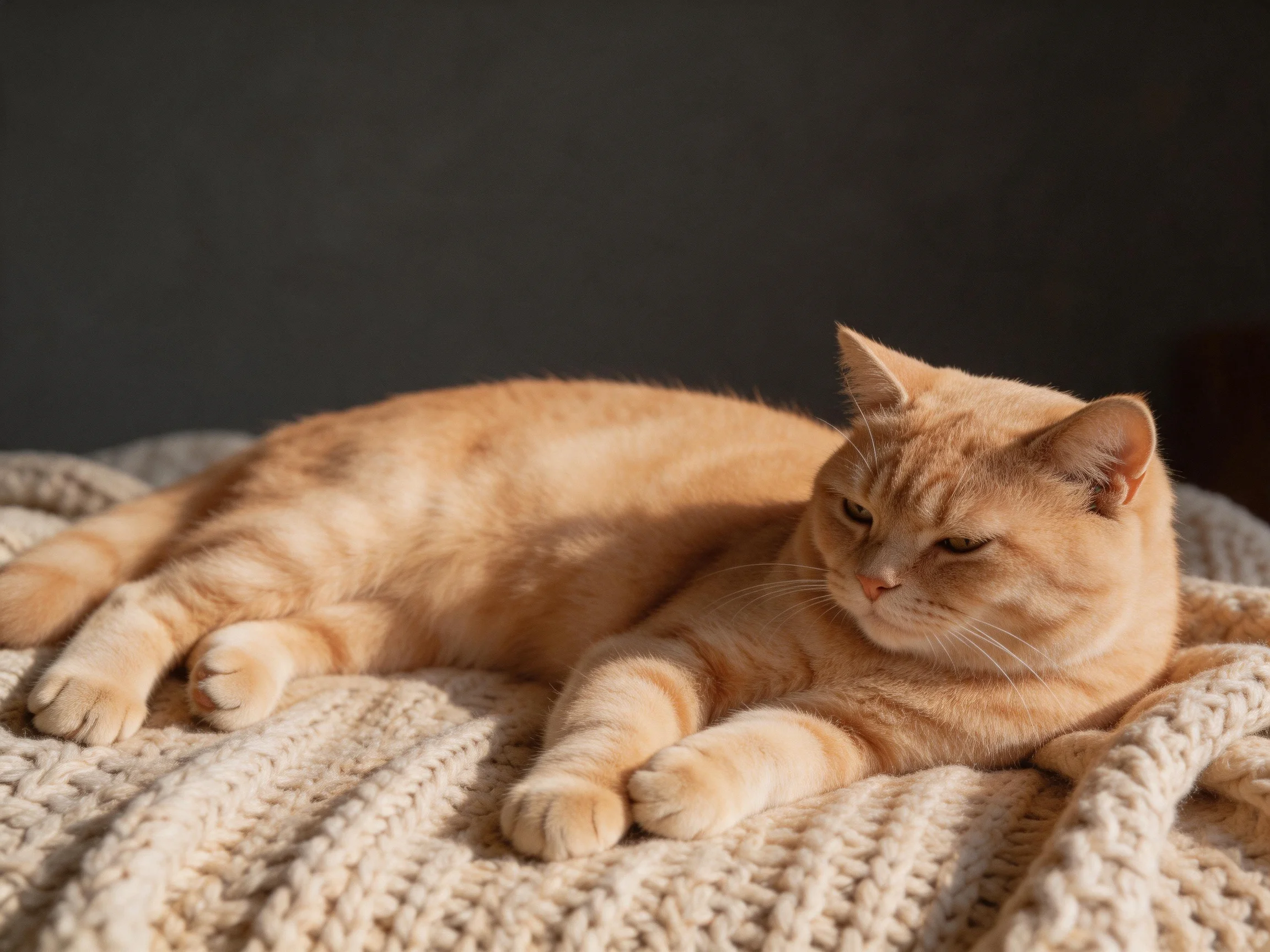 A relaxed orange cat lounges on a knitted beige blanket