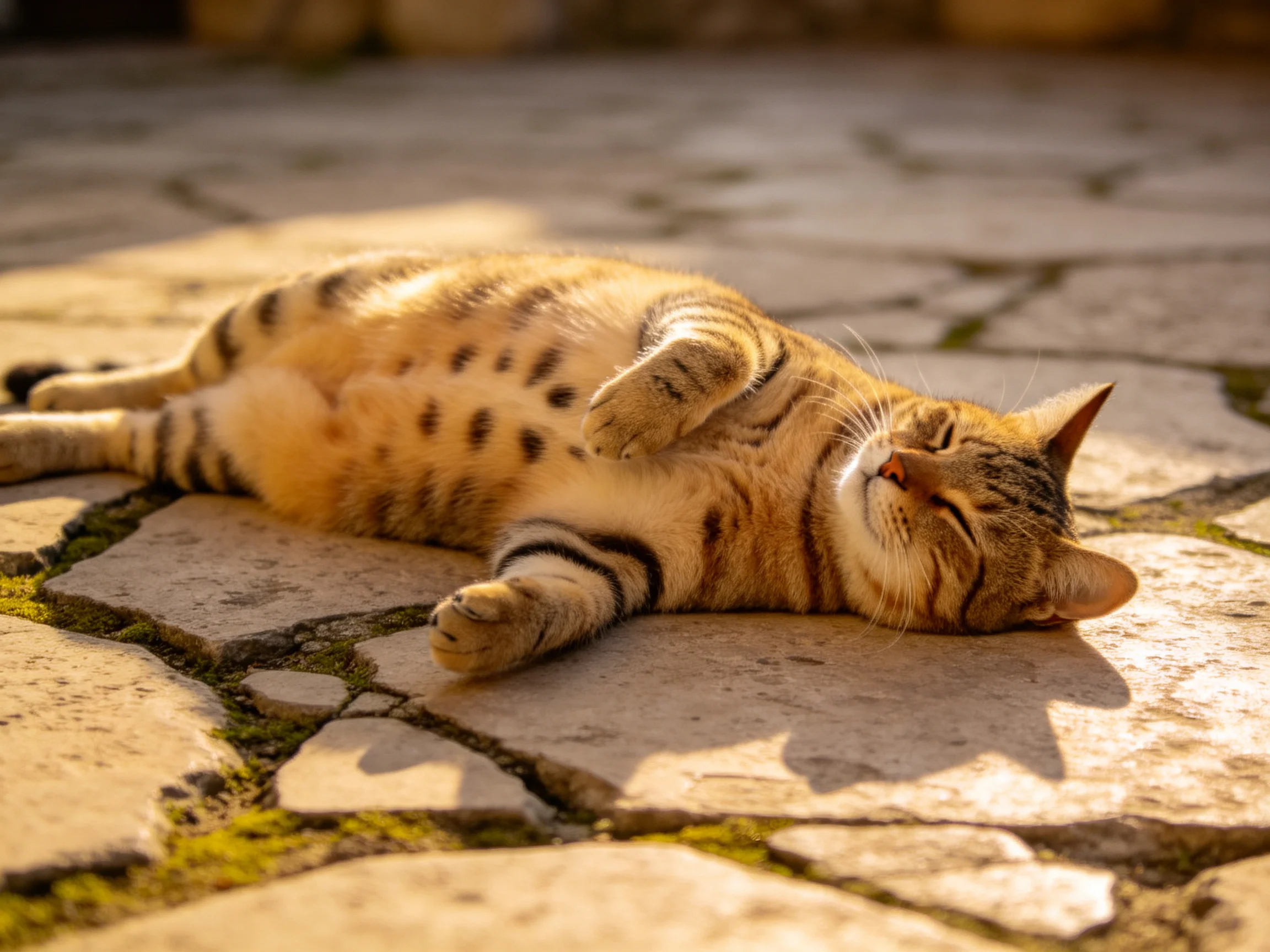 A relaxed orange-spotted cat lounging on sun-drenched stone pavement