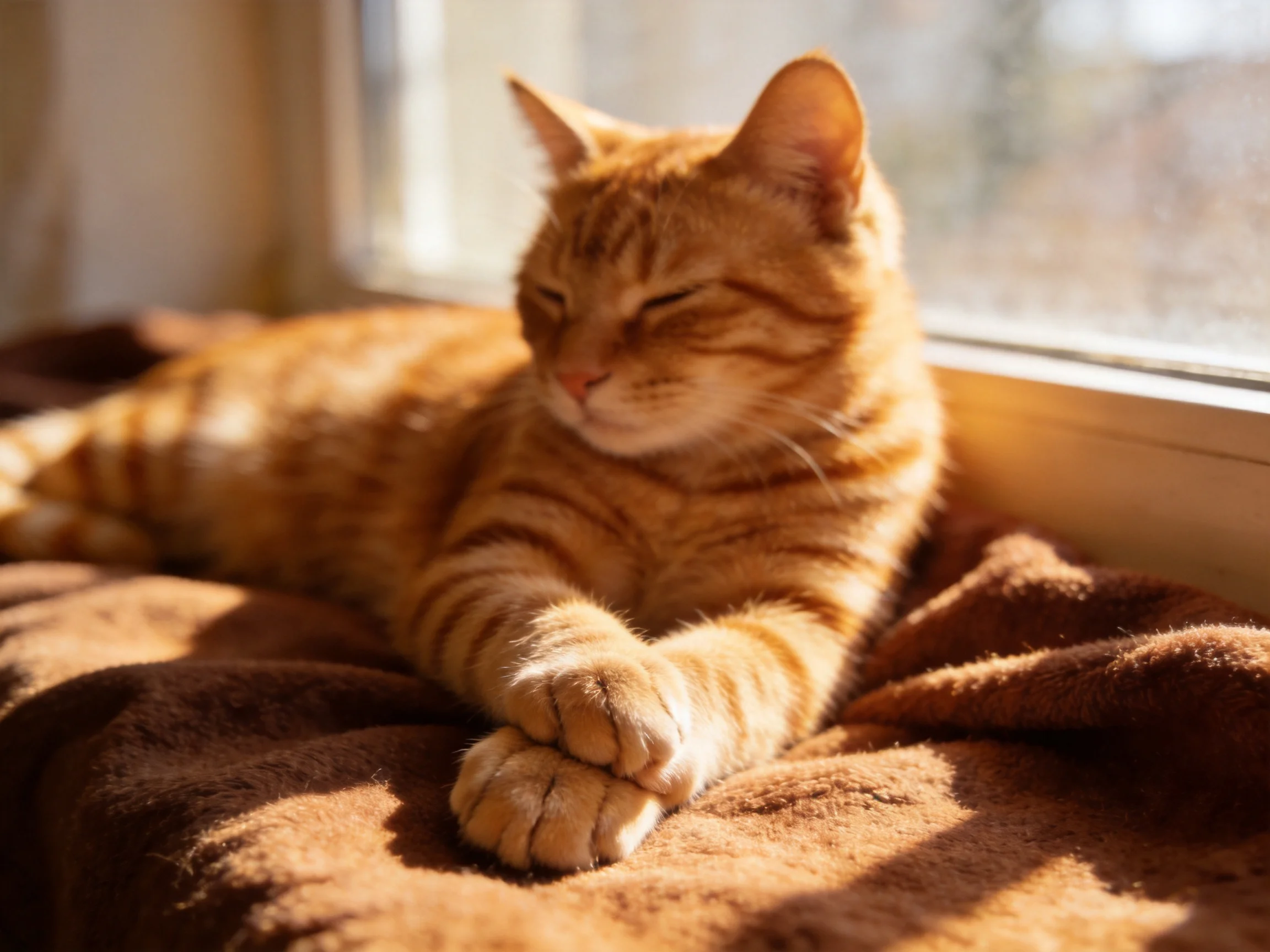 An orange tabby cat relaxes on a brown blanket near a sunlit window.