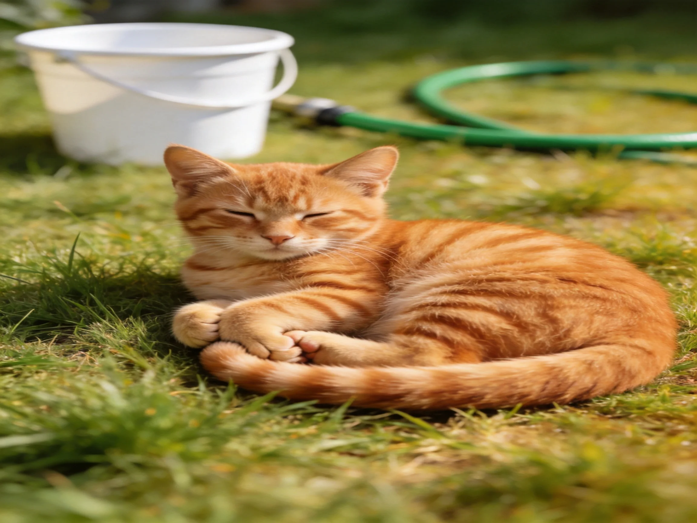 A relaxed orange tabby cat lounges on green grass near a white bucket