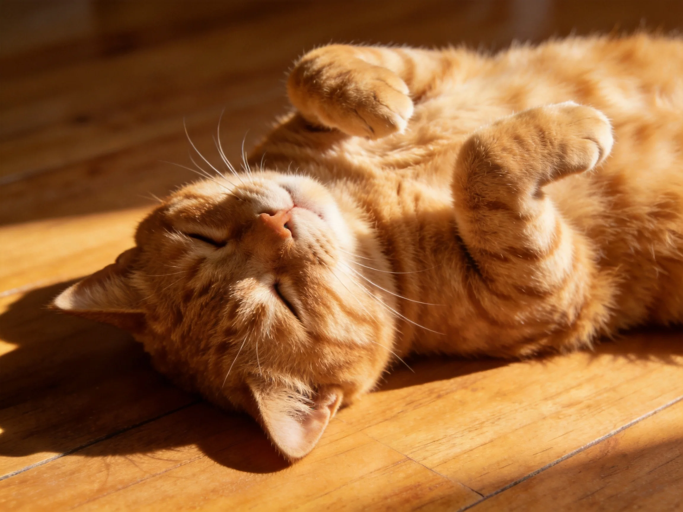A relaxed orange tabby cat lounging on a sunlit wooden floor