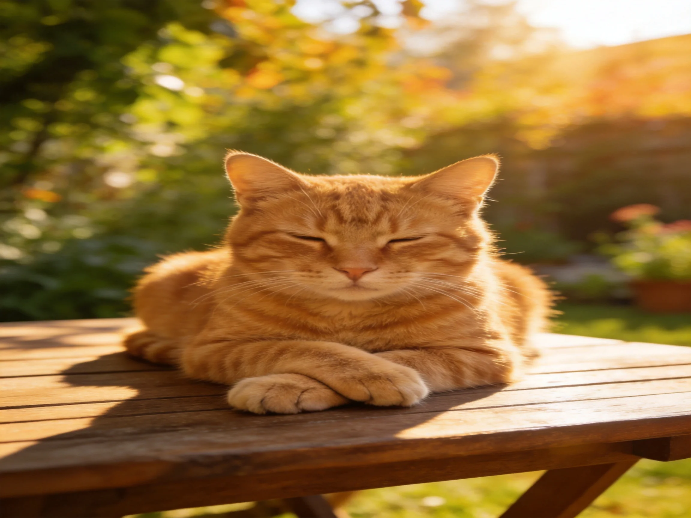 A relaxed orange tabby cat lounging on a wooden outdoor table