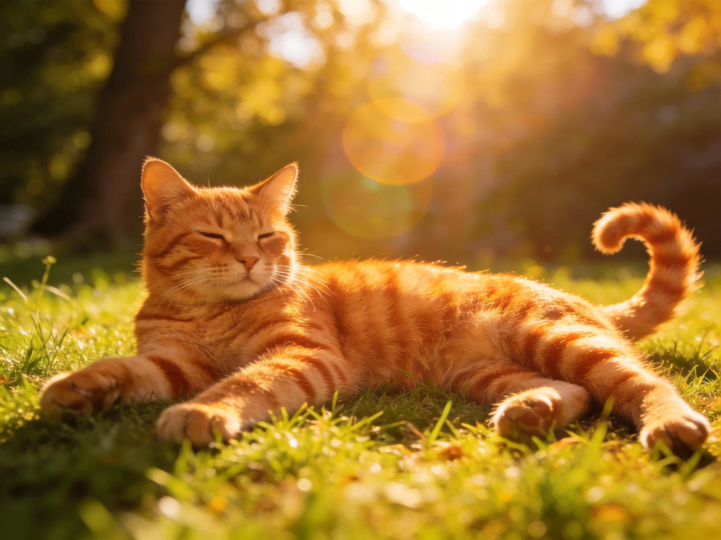 A relaxed orange tabby cat lounging on sun-drenched green grass