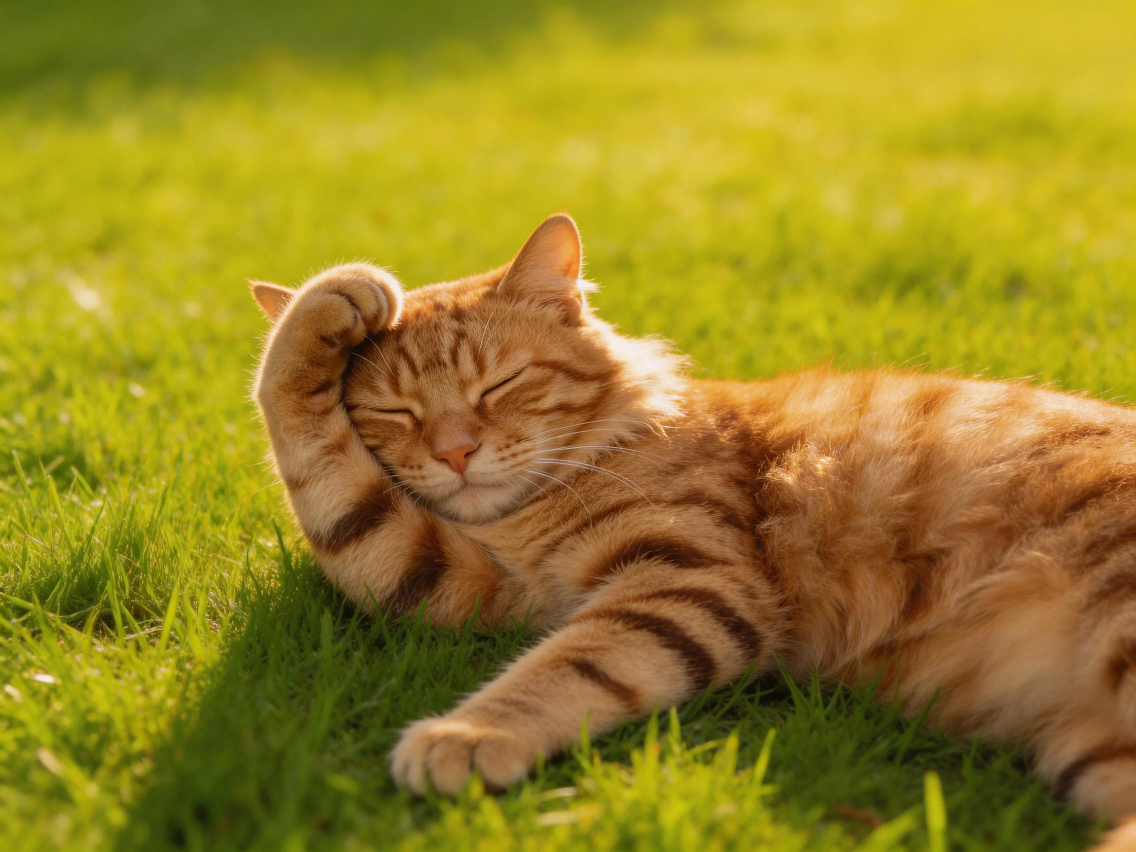 A relaxed orange tabby cat lounging on vibrant green grass