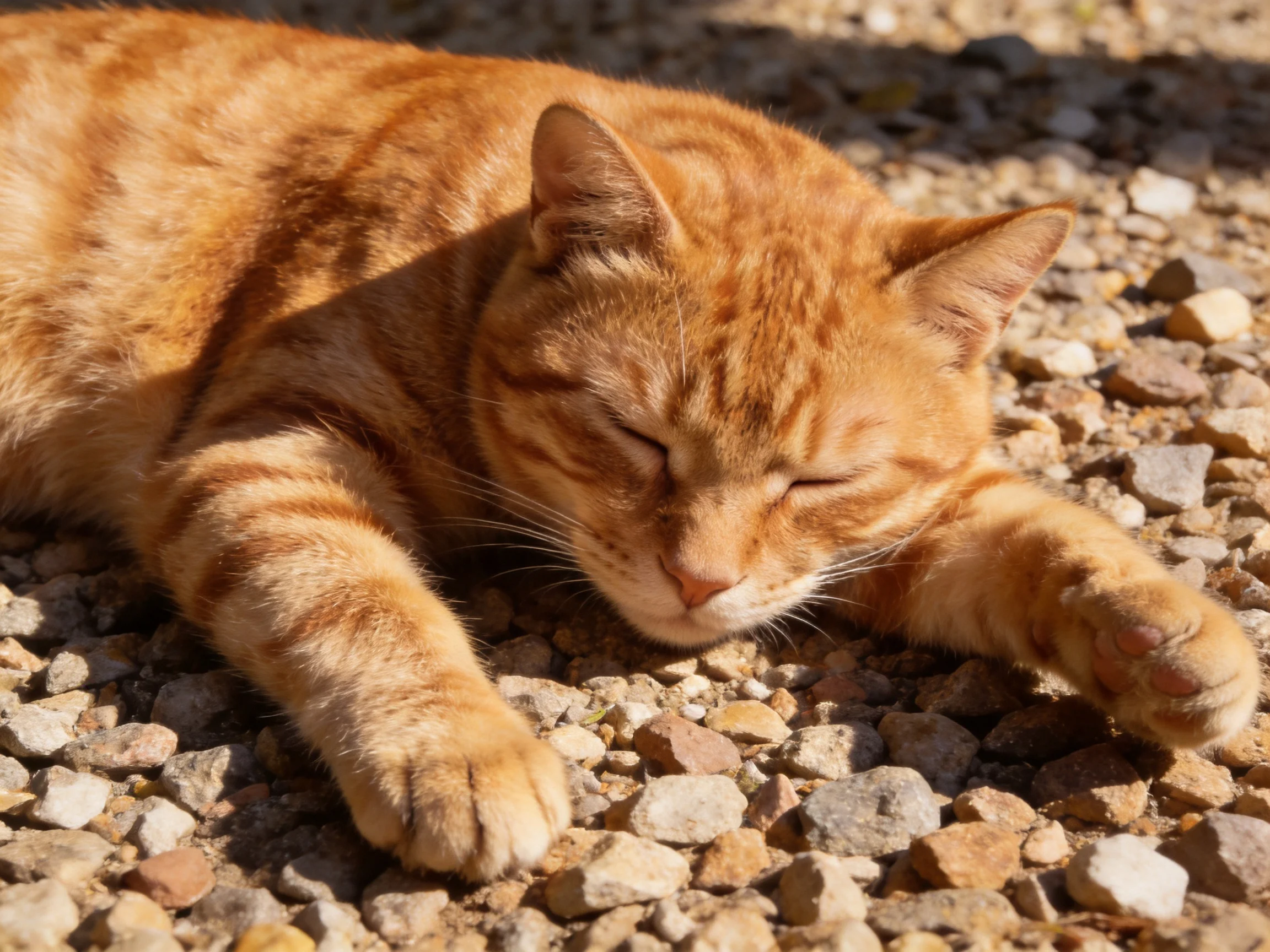 A relaxed orange tabby cat naps on a gravel-strewn surface