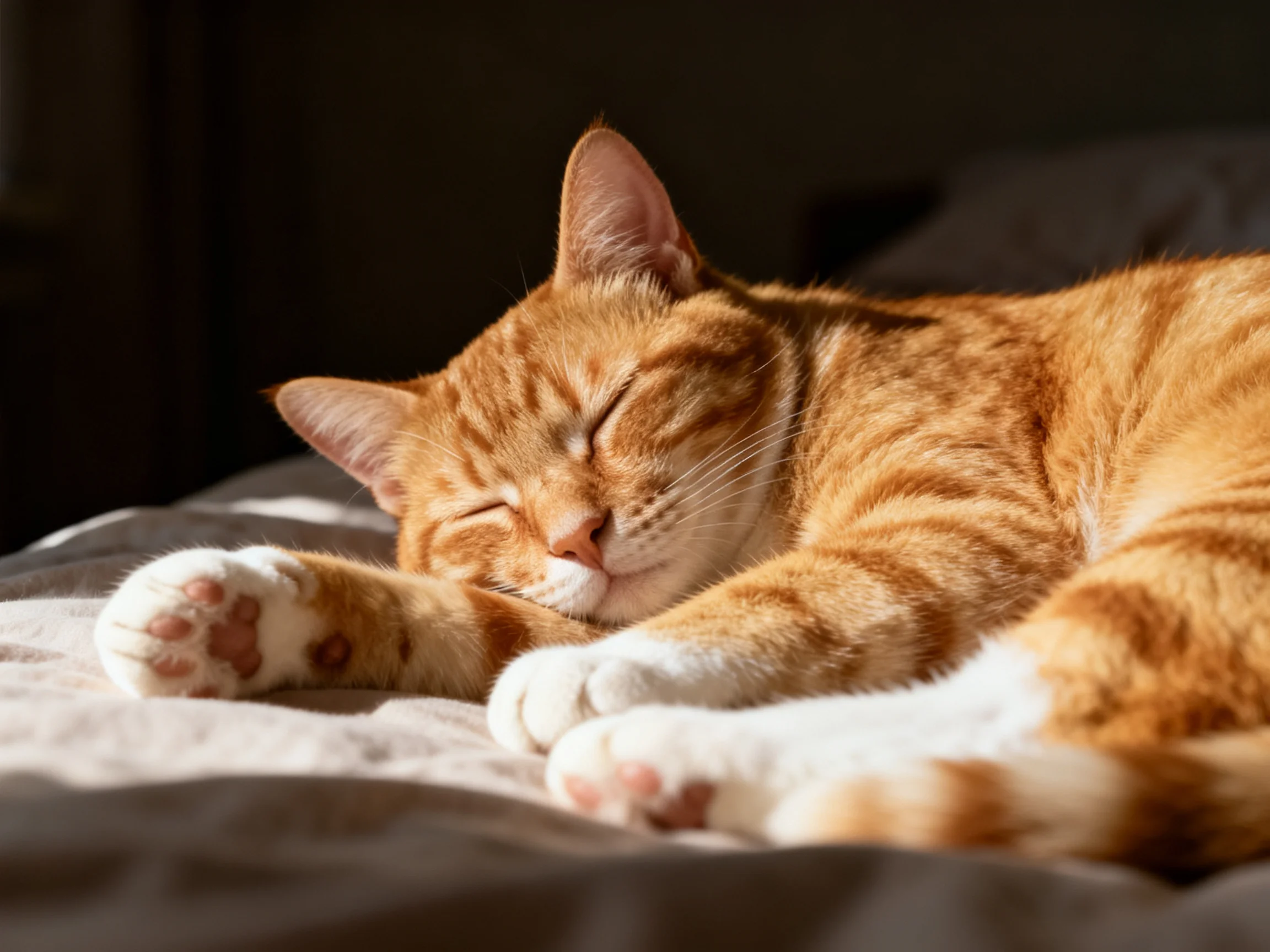 A relaxed orange tabby cat naps on a soft bed in warm sunlight