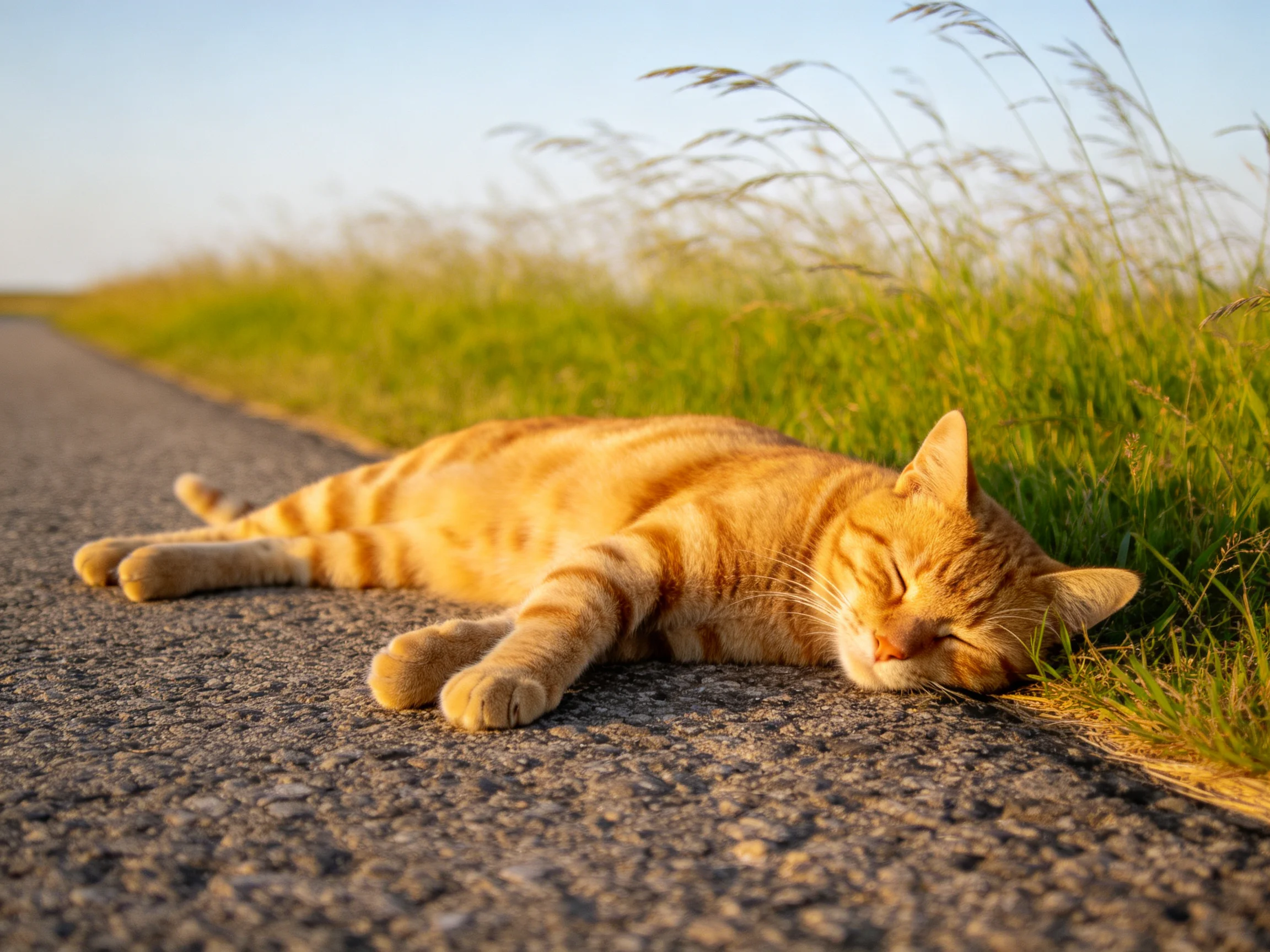 A relaxed orange tabby cat naps on a sunlit paved road