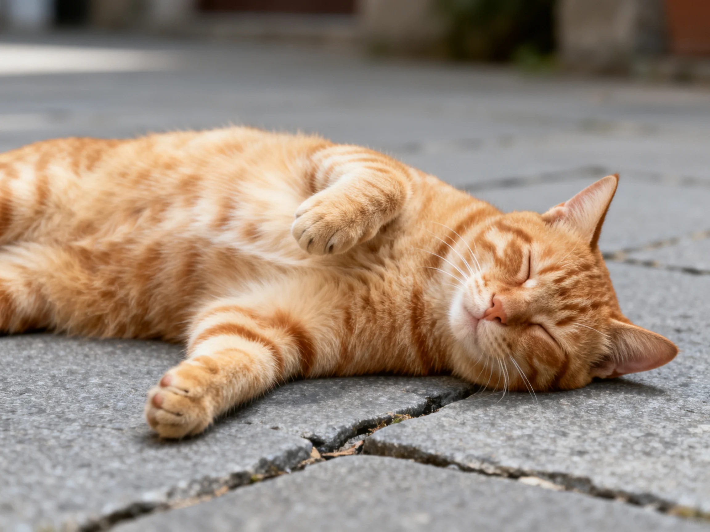 A relaxed orange tabby cat naps on cracked stone pavement