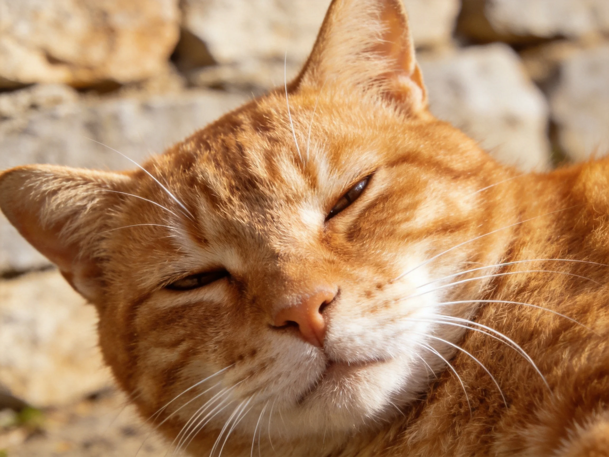 A relaxed orange tabby cat resting near a stone wall