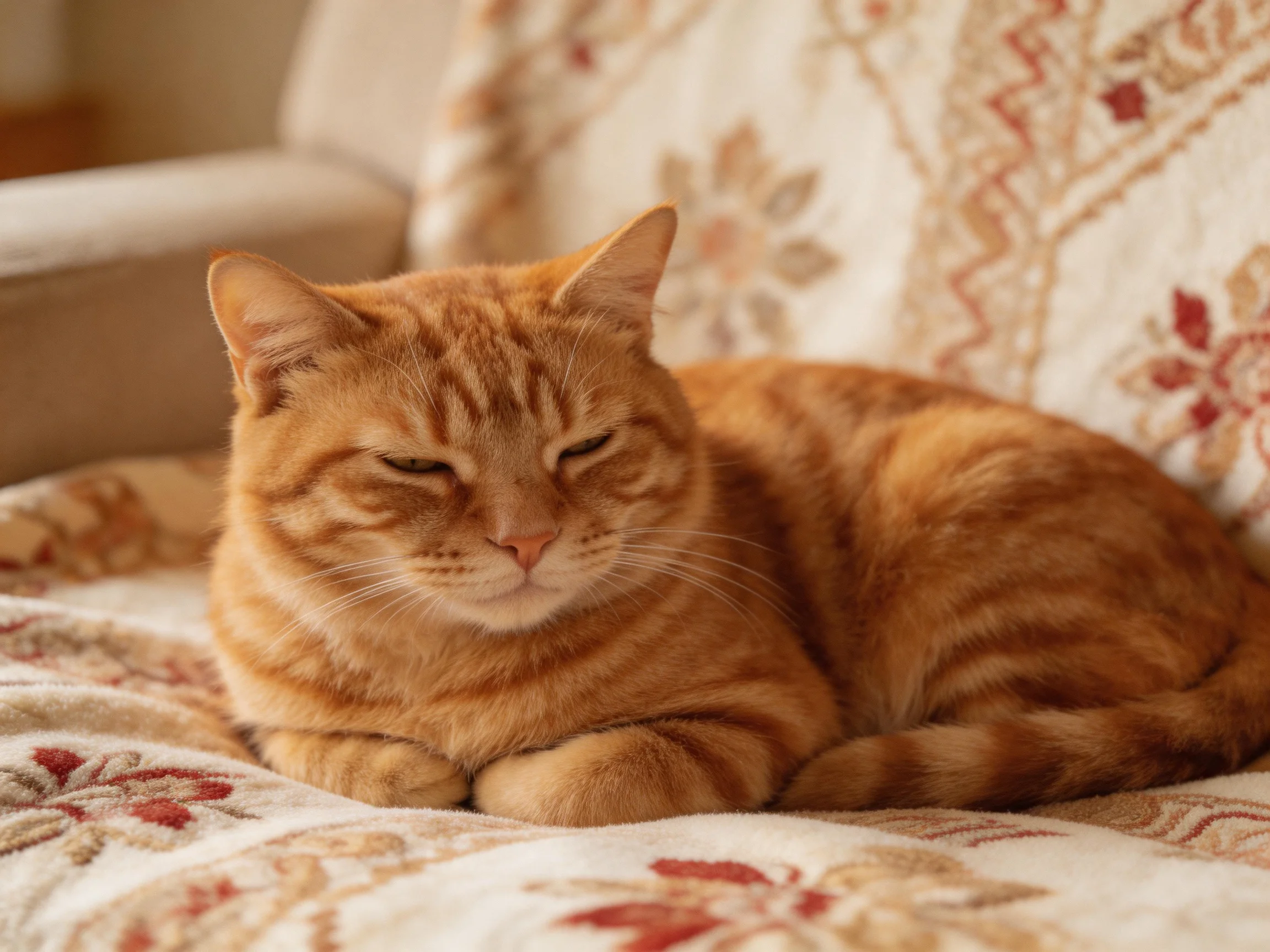A relaxed orange tabby cat resting on a floral-patterned couch