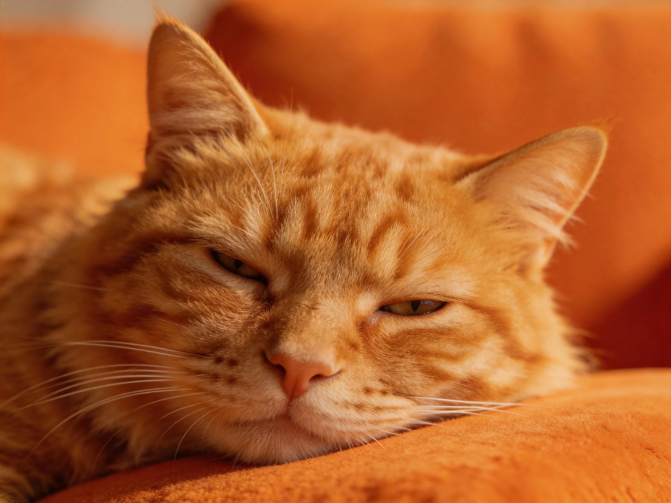A relaxed orange tabby cat resting on a plush orange cushion