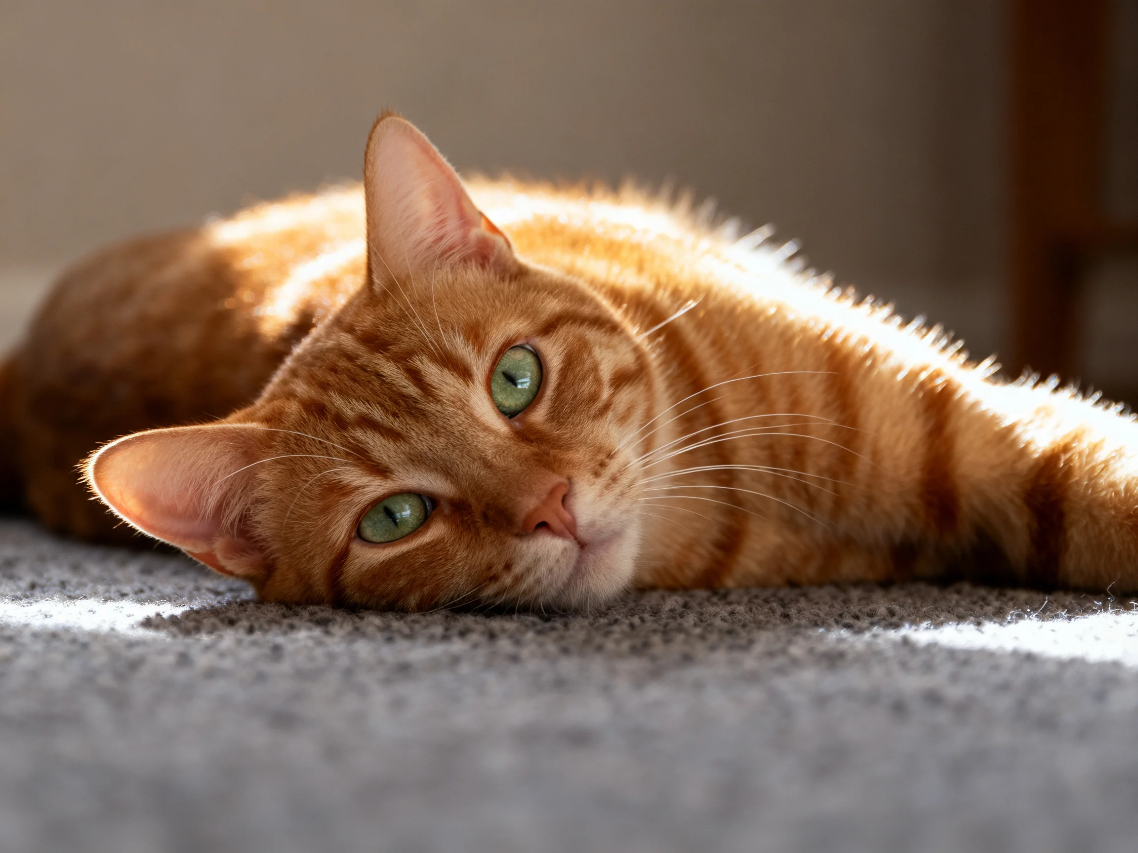 A relaxed orange tabby cat resting on a soft gray carpet under warm sunlight