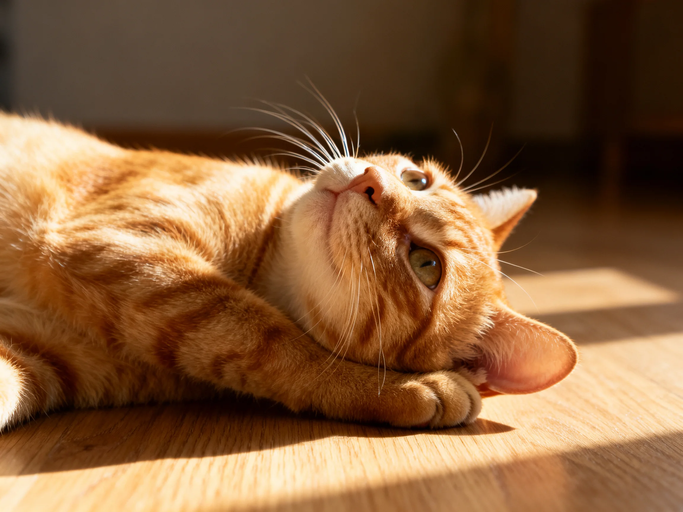 A relaxed orange tabby cat resting on a wooden floor in sunlight