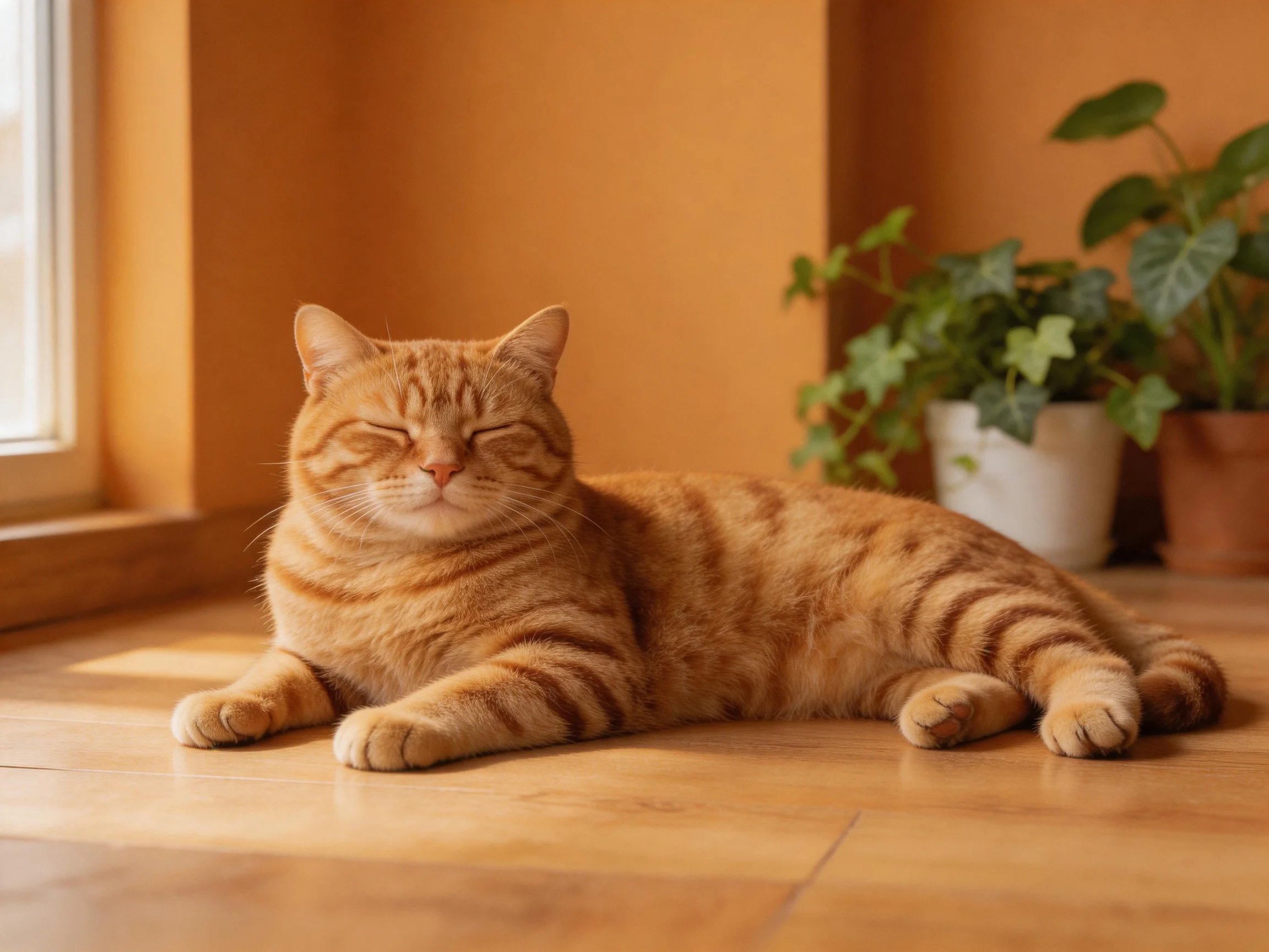 A relaxed orange tabby cat rests beside potted green plants