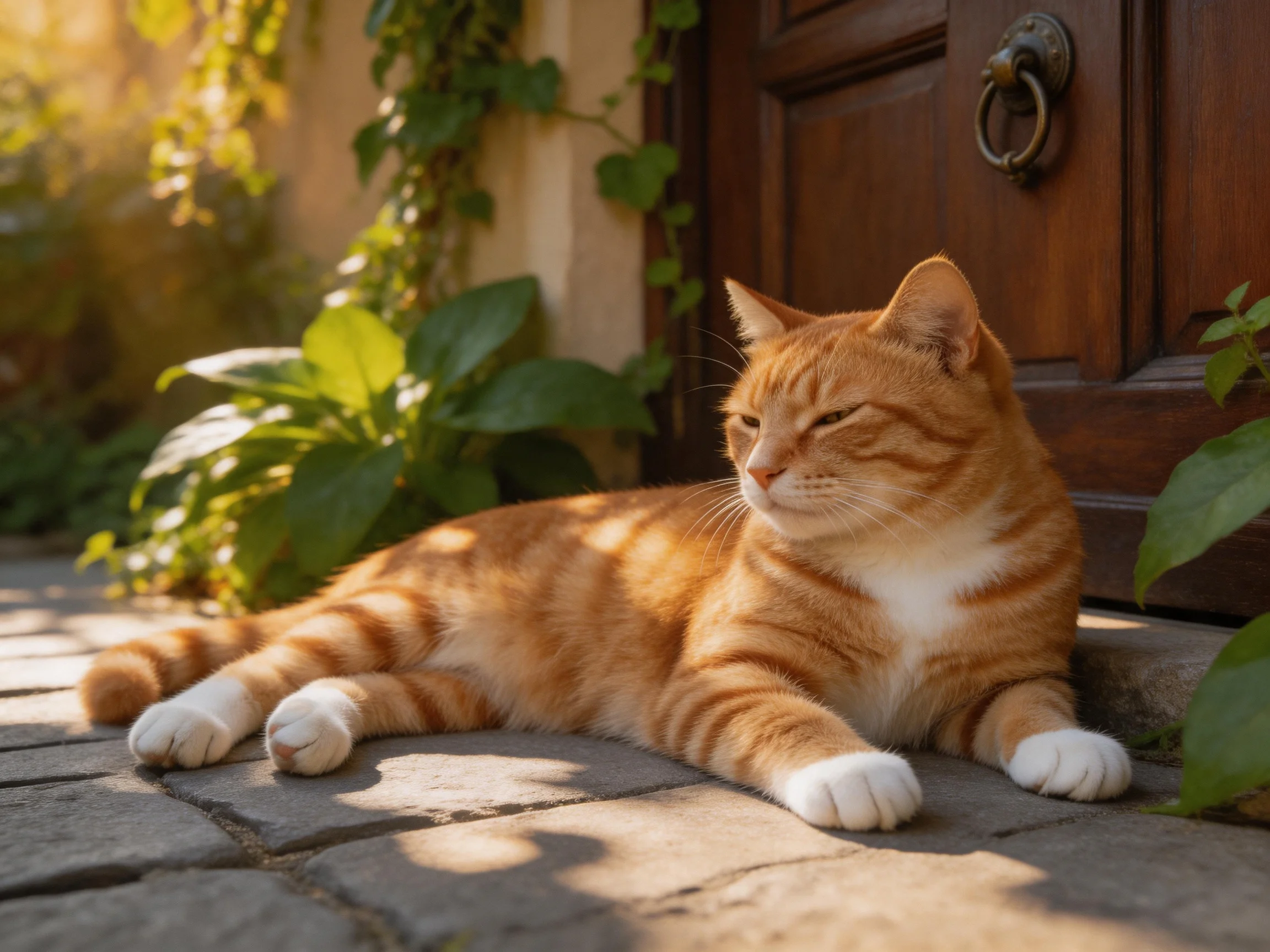 A relaxed orange tabby cat rests by a brown wooden door among greenery