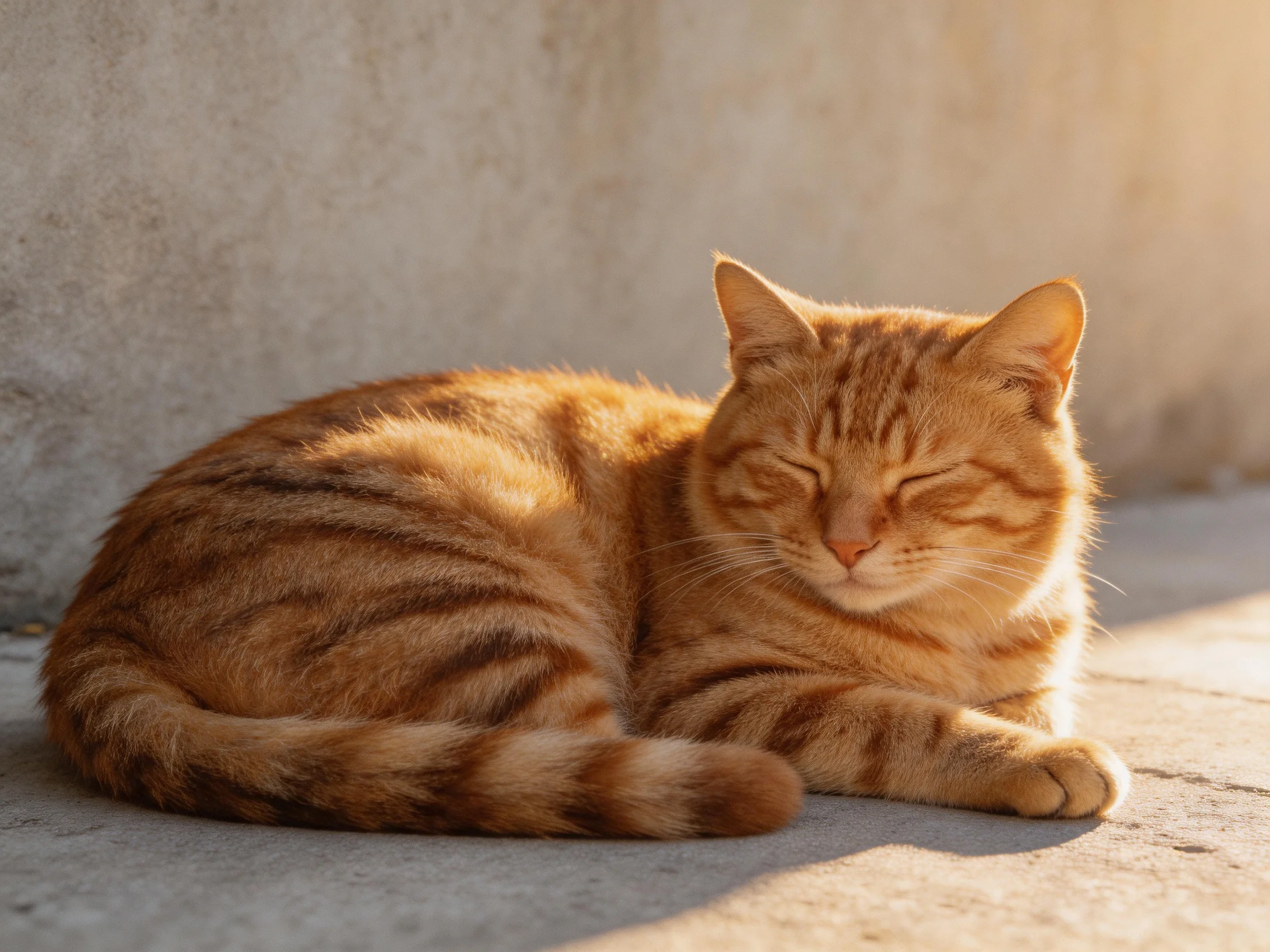 A relaxed orange tabby cat rests near a concrete wall
