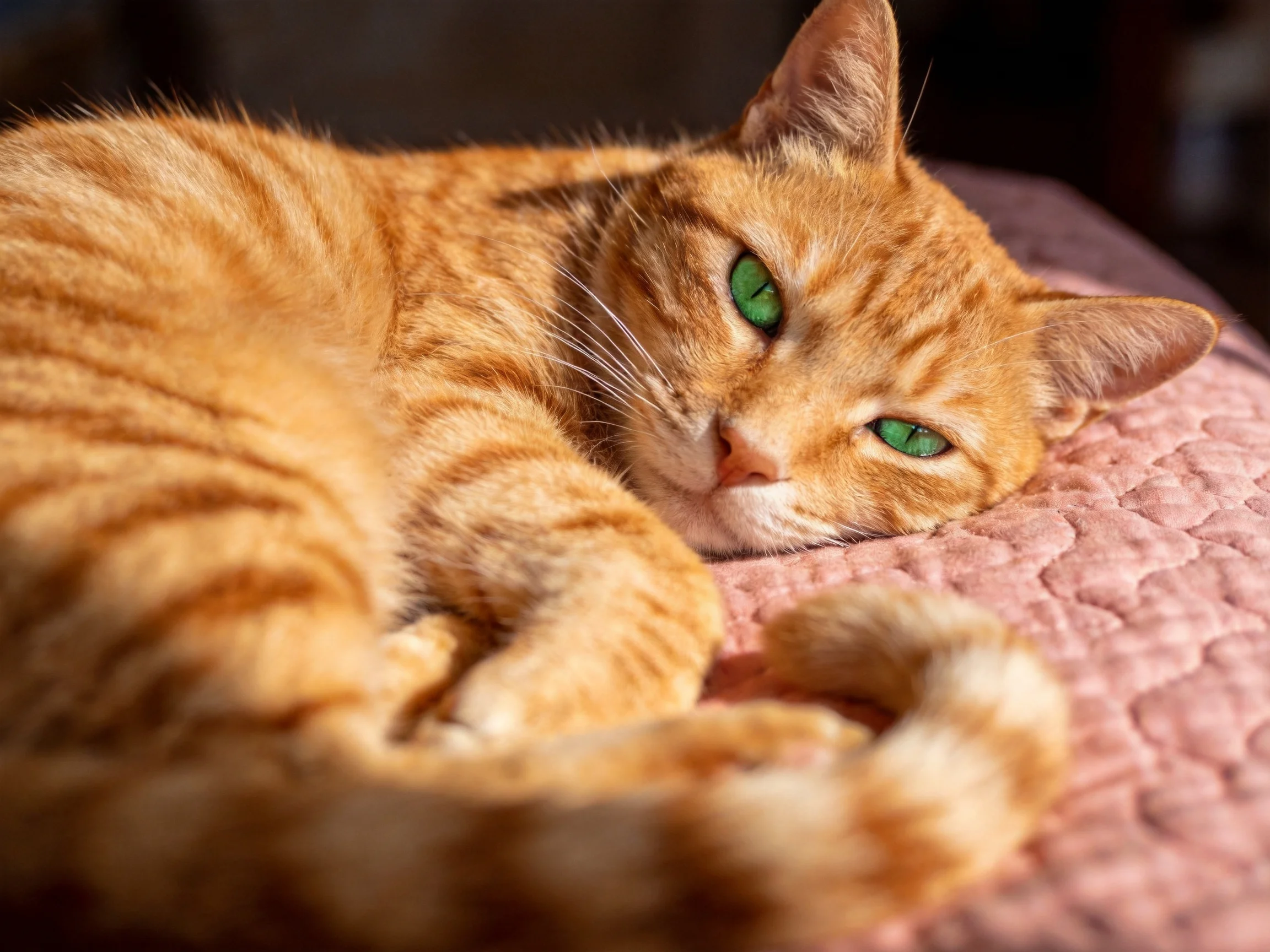 A relaxed orange tabby cat rests on a pink quilted surface