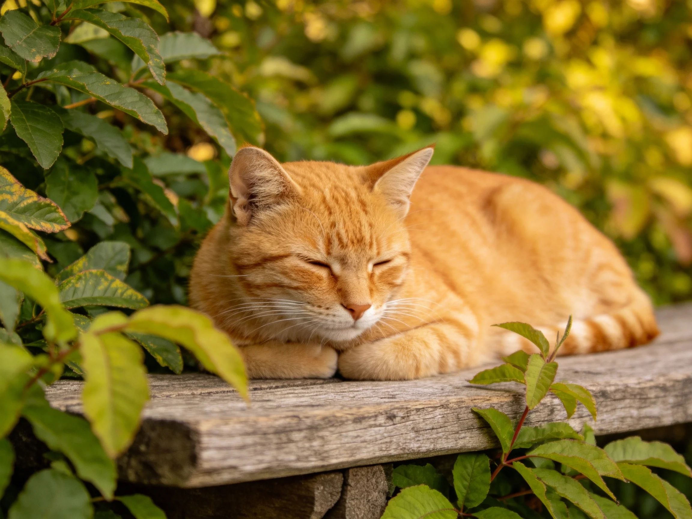 A relaxed orange tabby cat rests on a weathered wooden ledge amid lush green foliage
