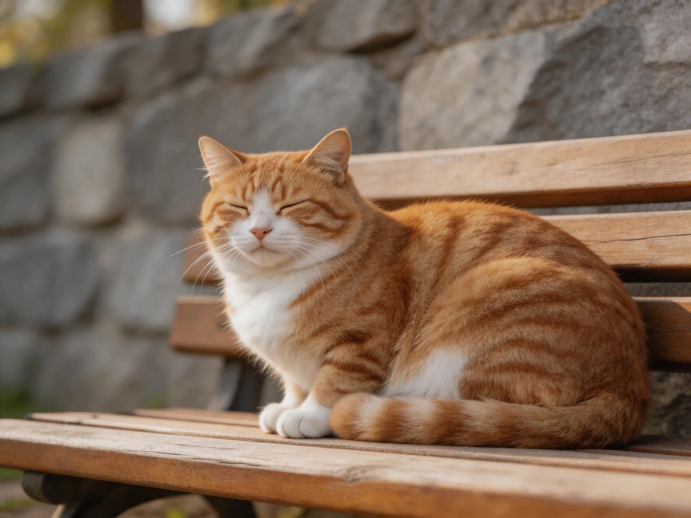 An orange tabby cat relaxes on a wooden bench by a stone wall