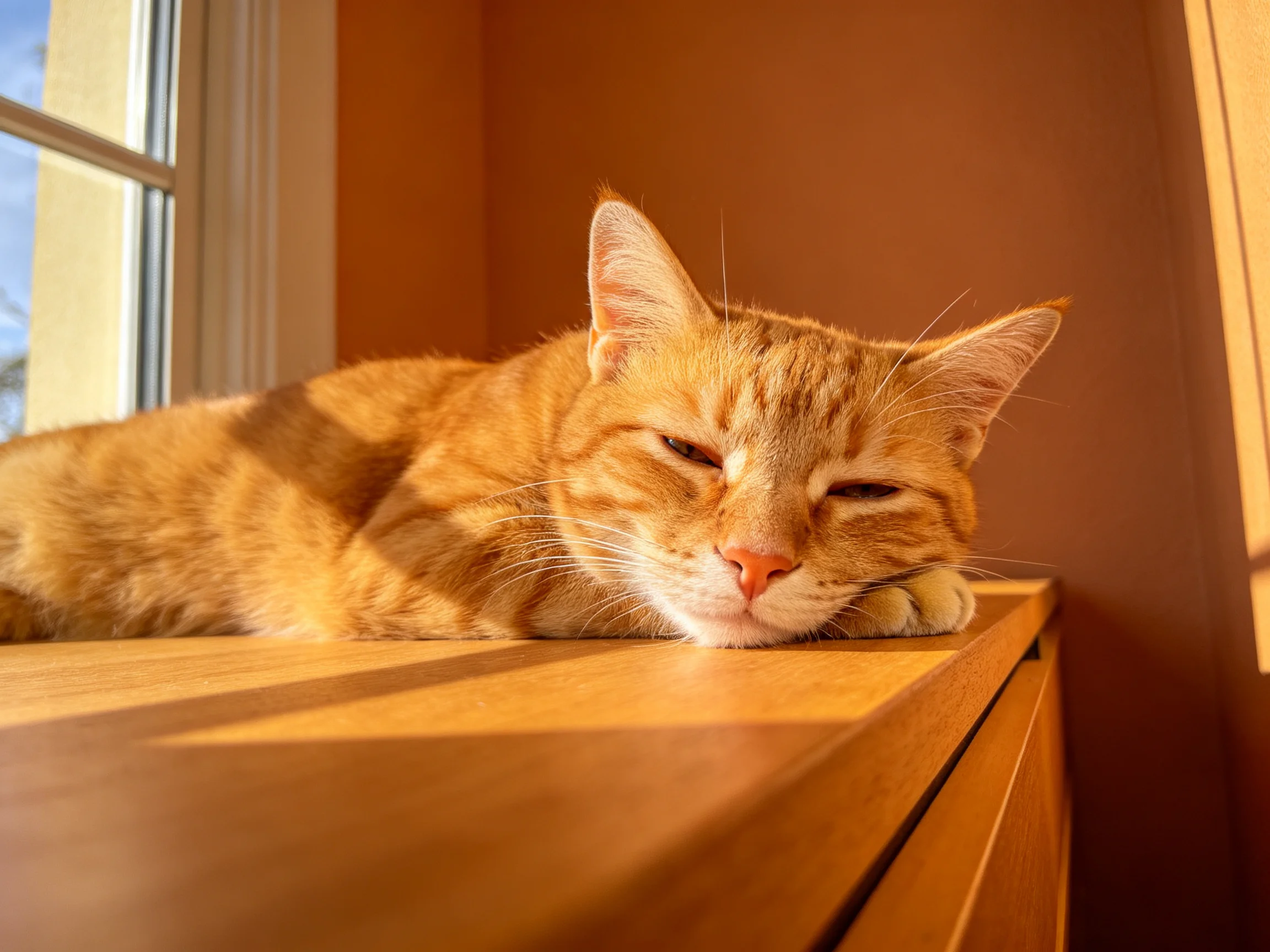 A relaxed orange tabby cat rests on a wooden ledge by a sunlit window
