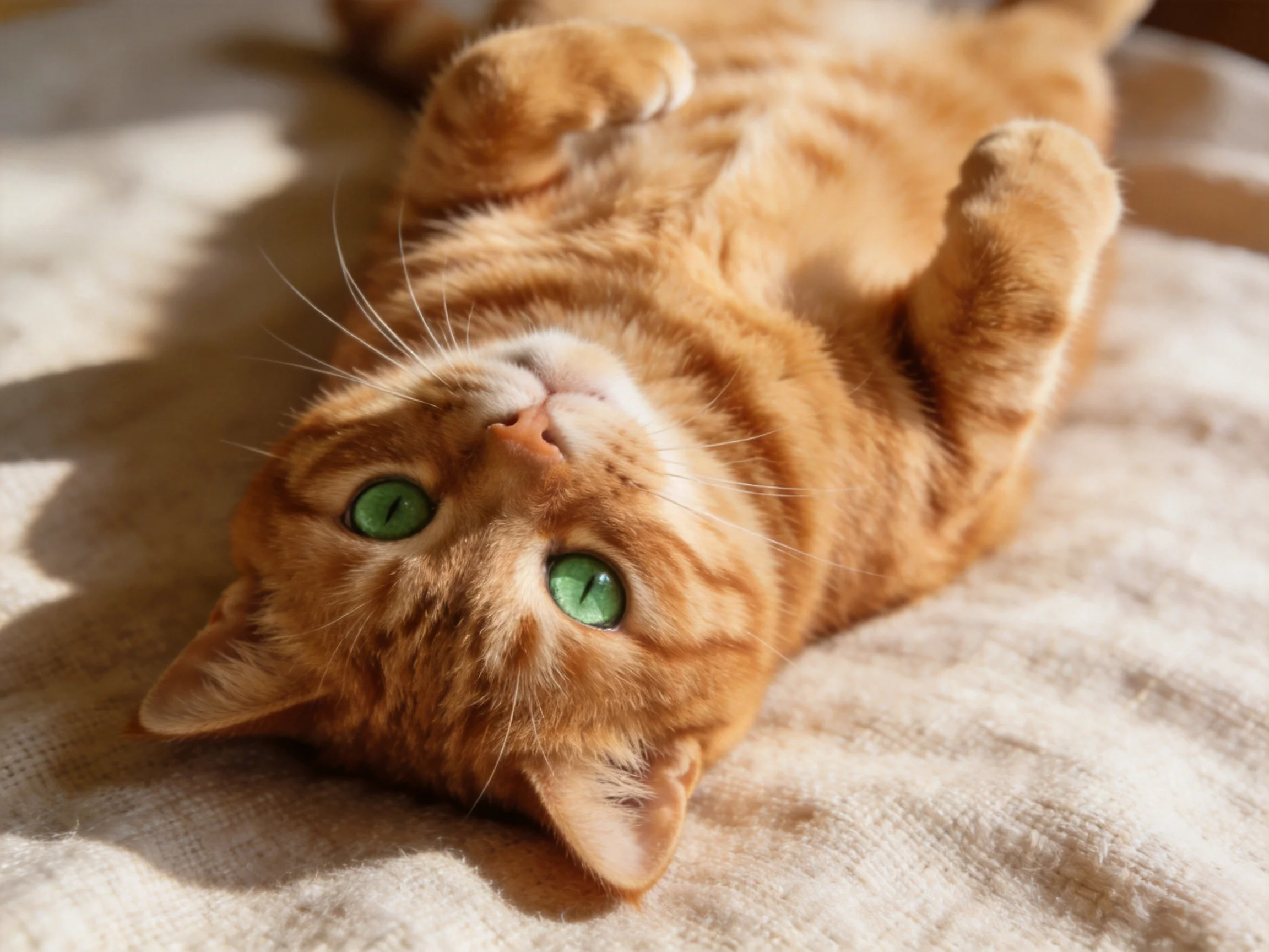 A relaxed orange tabby cat with bright green eyes lies on a beige fabric surface
