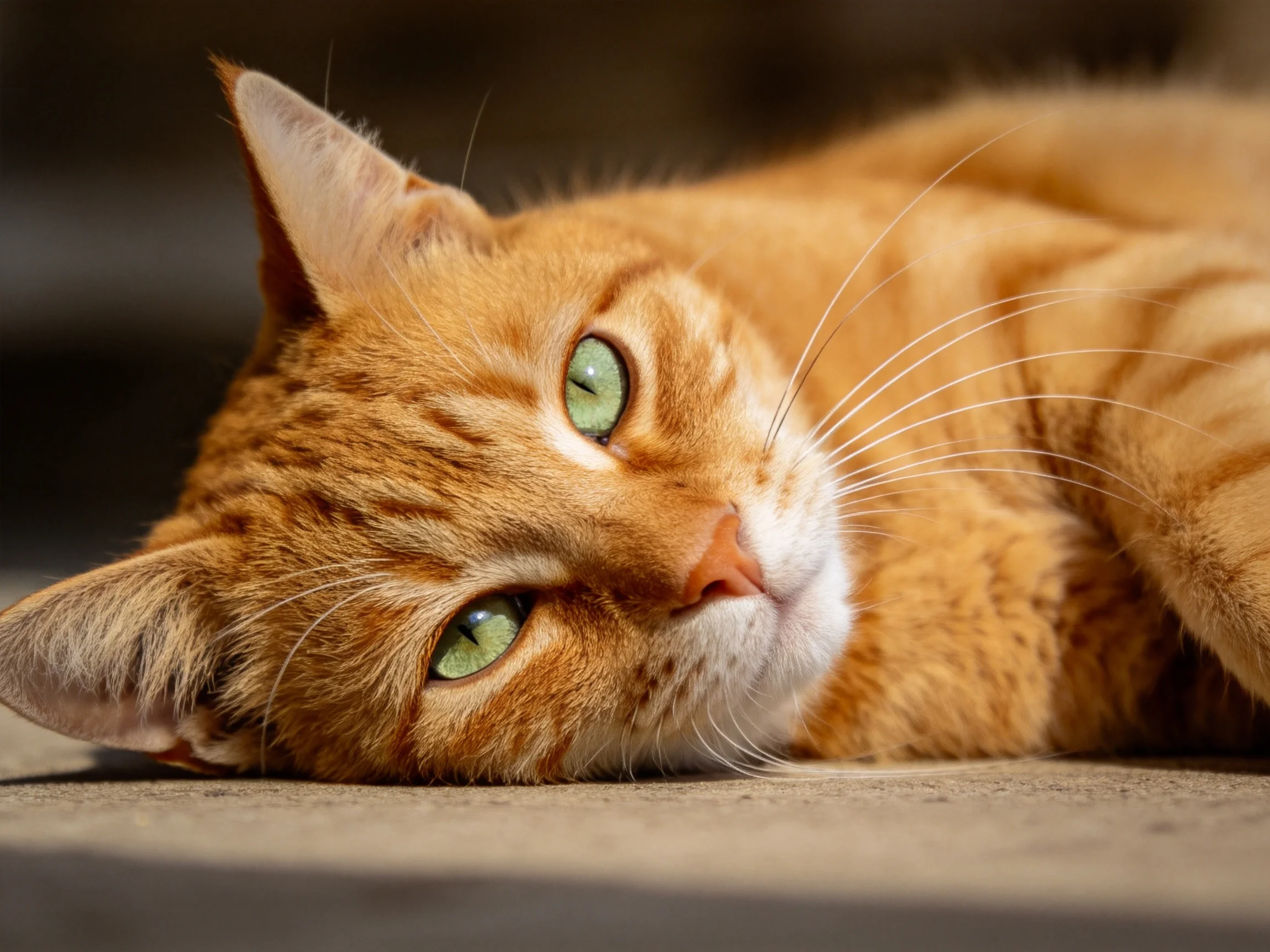 A relaxed orange tabby cat with green eyes lies on a smooth surface