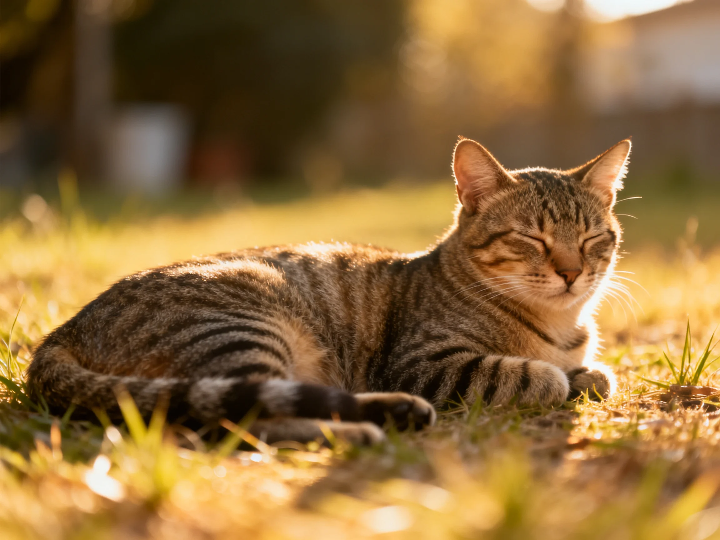 A relaxed tabby cat basking in golden sunlight on green grass